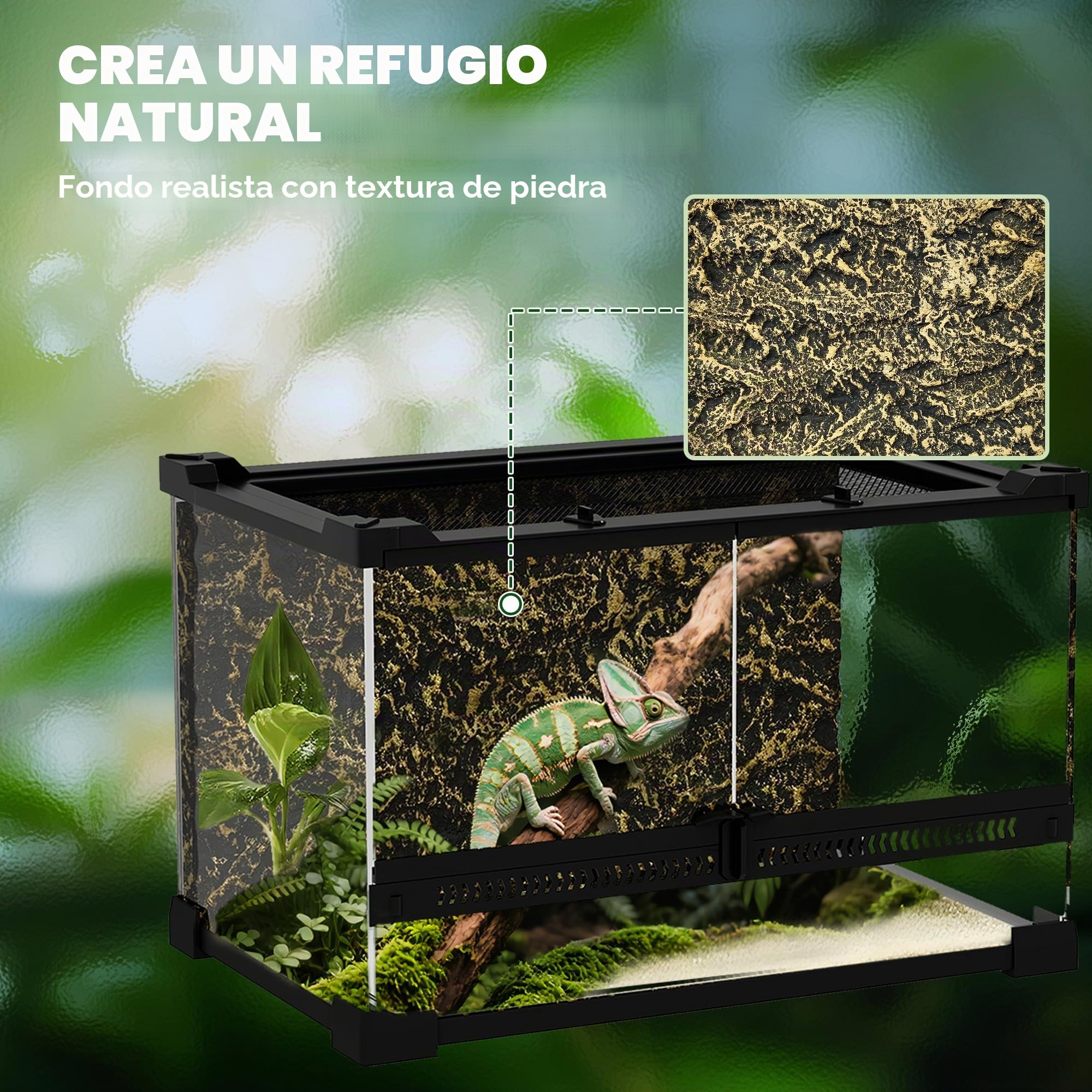 PawHut Terrario de vidrio para reptiles, vivero de reptiles con fondo de piedra, ventilación frontal, cerradura de botón a prueba de fugas, recinto de vidrio para lagartos, ranas con cuernos
