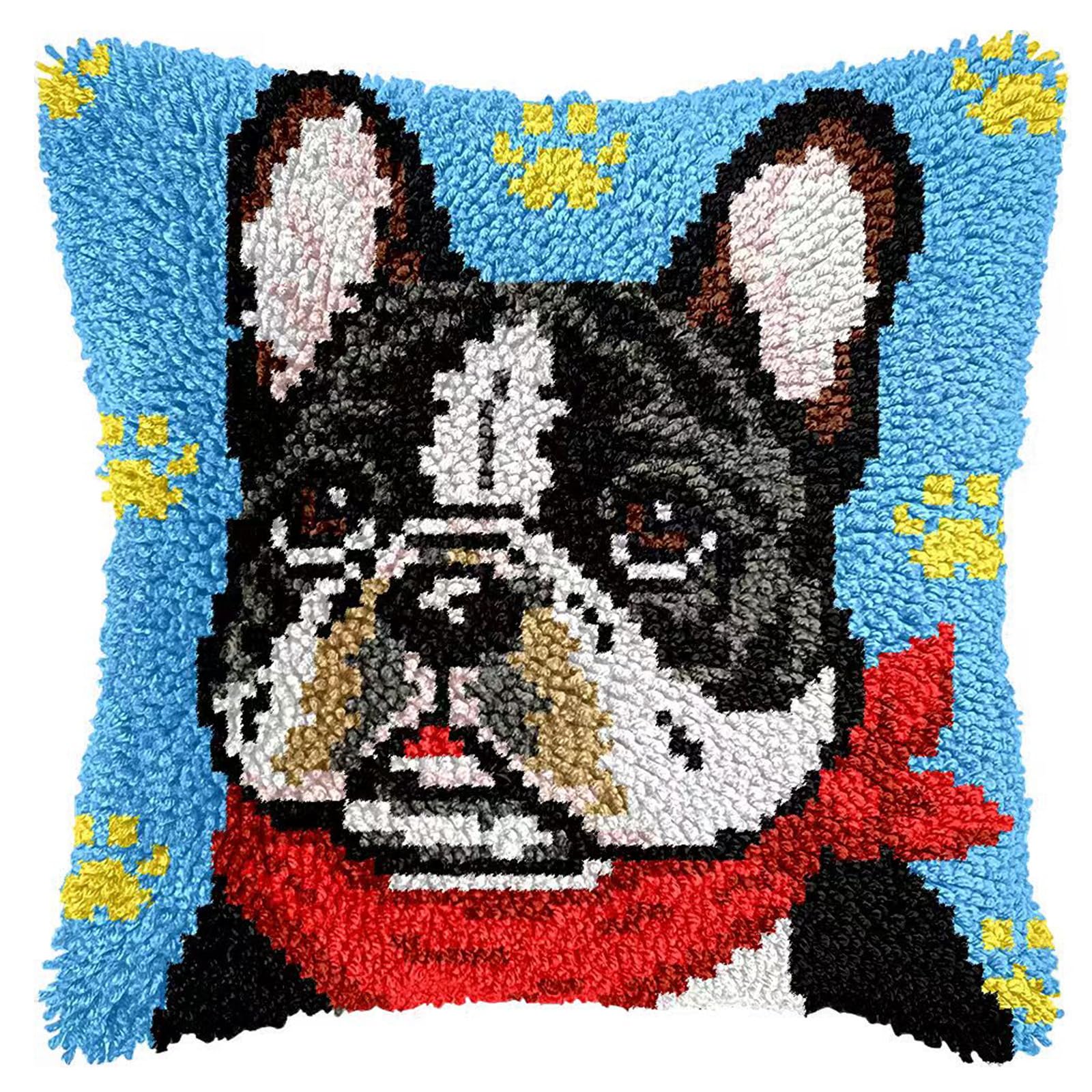 Colorful French Bulldog Latch Hook Kits for Adults Beginners Cute Animals Latch Hook Pillow Kit Pre-Printed Latch Hook Rug Kits Cross-Stitch Embroidery Cushion for Home Sofa Decoration 17x17 in.