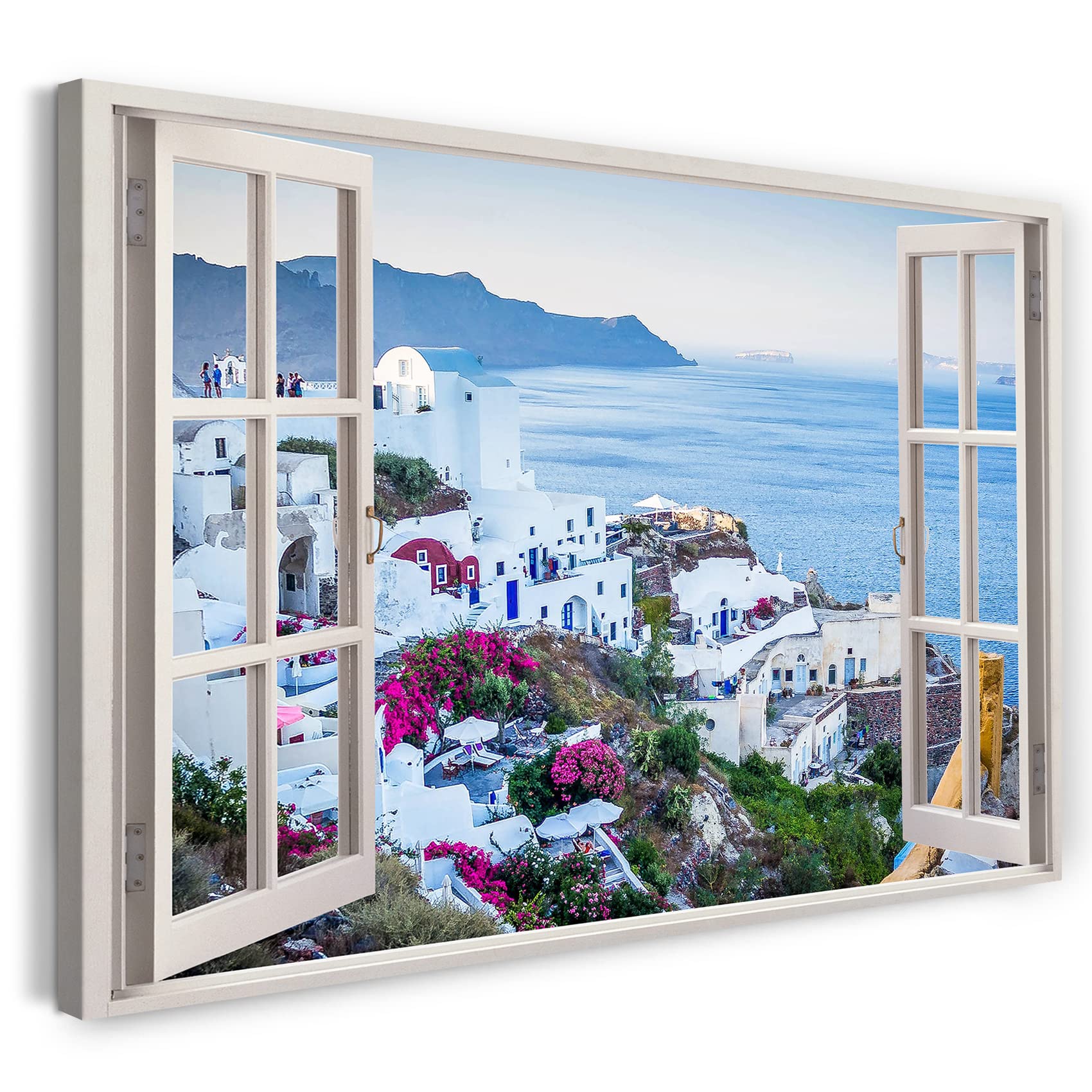 Print on Canvas (100x70 cm) view from the window - Greece white buildings cliffs on the sea - nature photography, real wood frame with hook