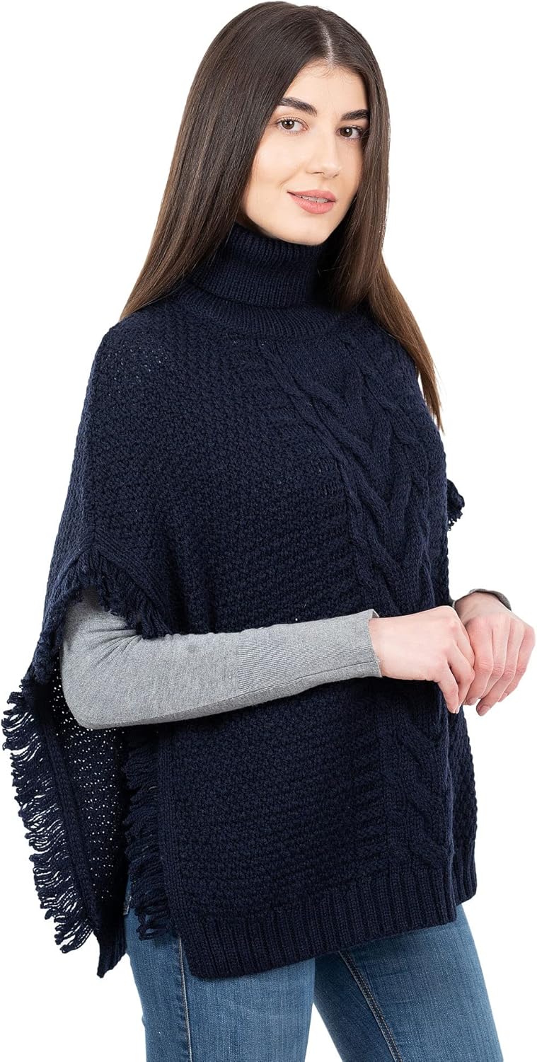 SAOL Irish Merino Wool Poncho for Women Aran Cowl Neck Cape - Image 3
