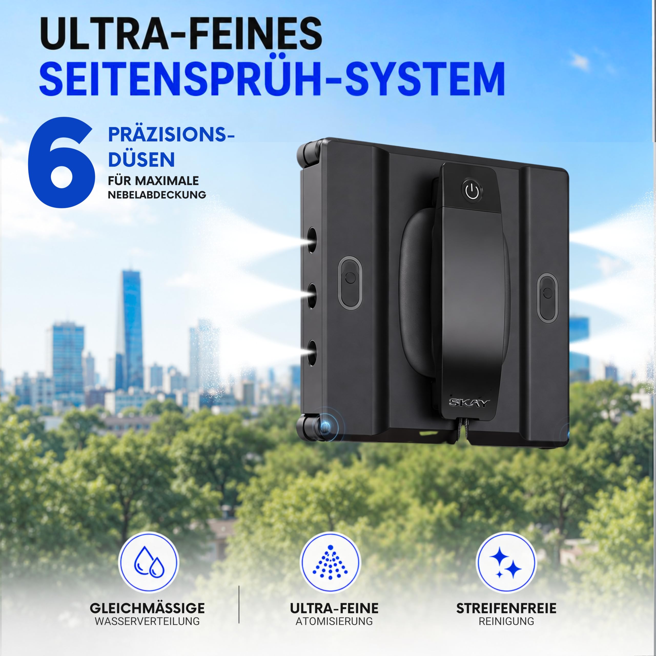 SKAY M82-KI Fensterputzroboter, KI-Navigation, Automatischer Fensterreiniger mit 6-Düsen Sprühsystem & Doppeltank 100ml, App & Fernsteuerung, 4 Reinigungsmodi, <60dB Leise, für Fenster Spiegel Fliesen