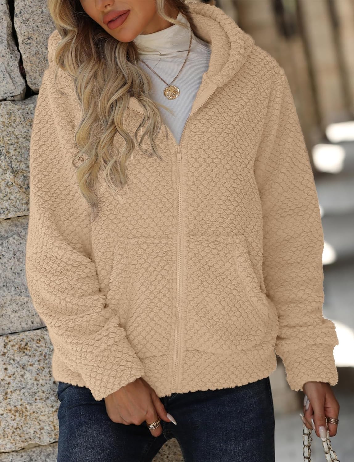 [Maeau] レディース ファスナーパーカー アウター トレーナー 長袖 厚手 裏起毛 暖かい フード付き フロントジップ もこも