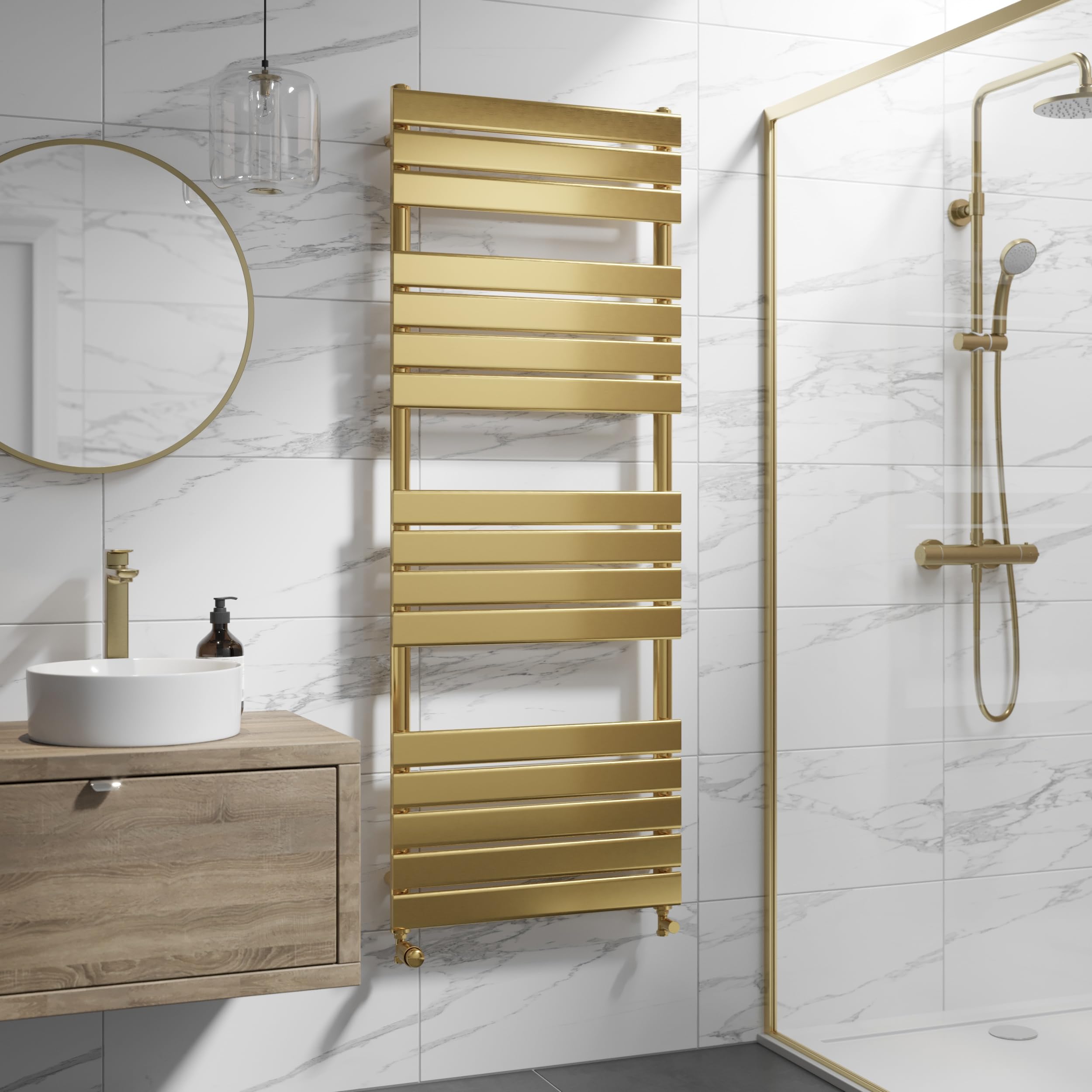 Duratherm Brushed Brass Duratherm® 1600 X 600Mm Flat Panel Heated Towel Rail Radiator Modern Central Heating Bathroom Warmer Wall Mounted Ladder Rad,