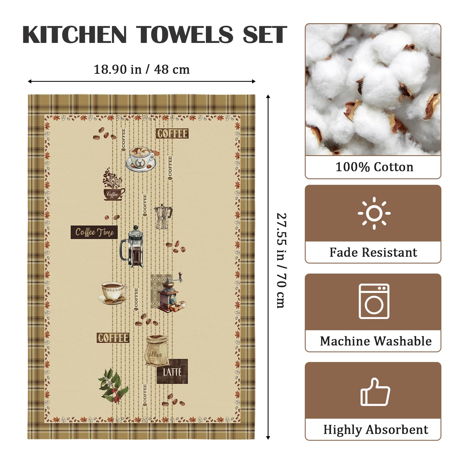 Strofinacci Da Cucina Set Di 4, Panni Da Cucina Multiuso In 100% Cotone Morbidi E Assorbenti Strofinacci Canovaccio Cucina Strofinacci Da Bar Per Decorazioni(48 x 70CM, Caffè)
