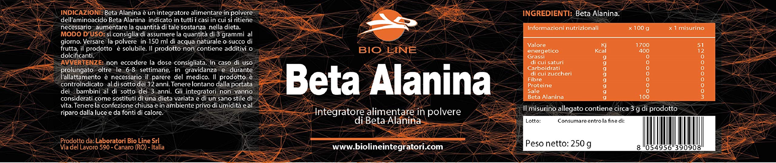 BETA ALANINA POLVERE - Integratore alimentare in polvere dell'aminoacido Beta Alanina PURO 100% - NON CONTIENE ADDITIVI O DOLCIFICANTI, 250 grammi