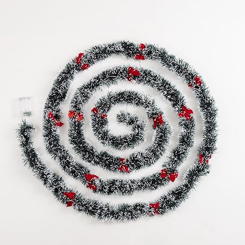 Miniatura 8 de Guirnalda metálica de oropel con punta de escarcha verde oscuro de 16.4 pies con 50 luces LED cálidas, decoración artificial de árbol de Navidad