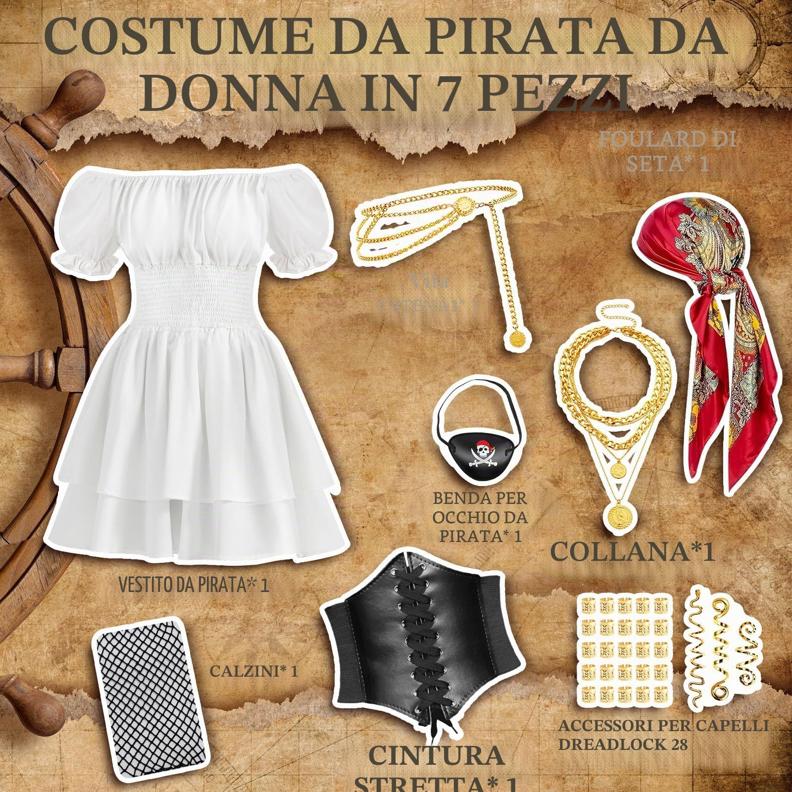 Joellfuner Costume Pirata Donna, Vestito Bianco Pirata Donna, Priatecostume con Corsetto, Calza, Bandana, Accessori per Capelli, Collana e Catena da Vita per Halloween Carnevale