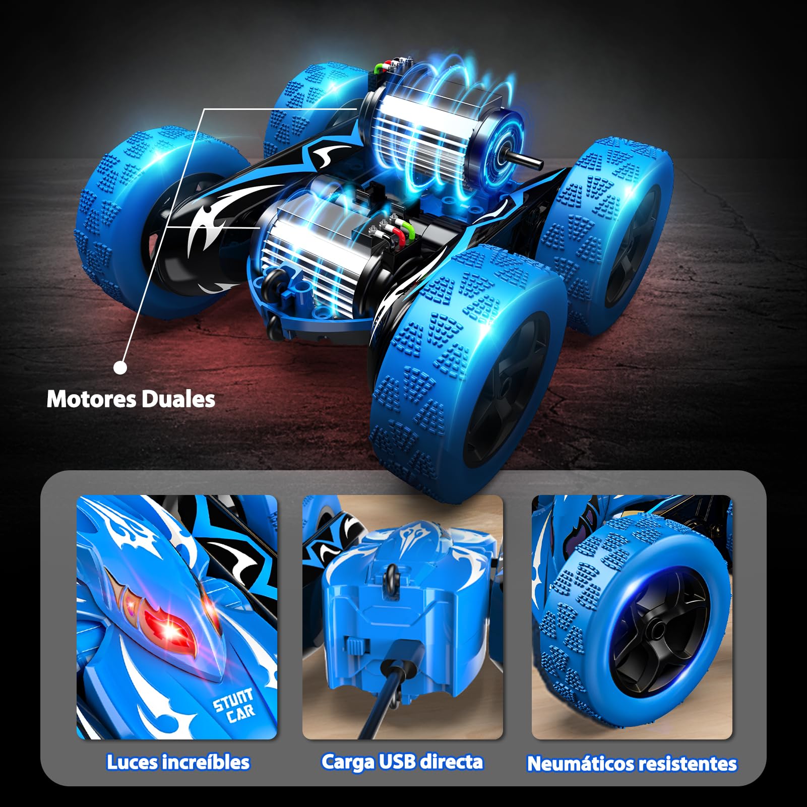 HappyGoLucky Coche Teledirigido 360° Rotación con Faros LED, 2.4 GHz Coche RC Monster Truck Juguetes Regalo Niños 3-8 Años, Regalos Cumpleaños Juegos Exterior Coches para Niños 4x4 Crawlers