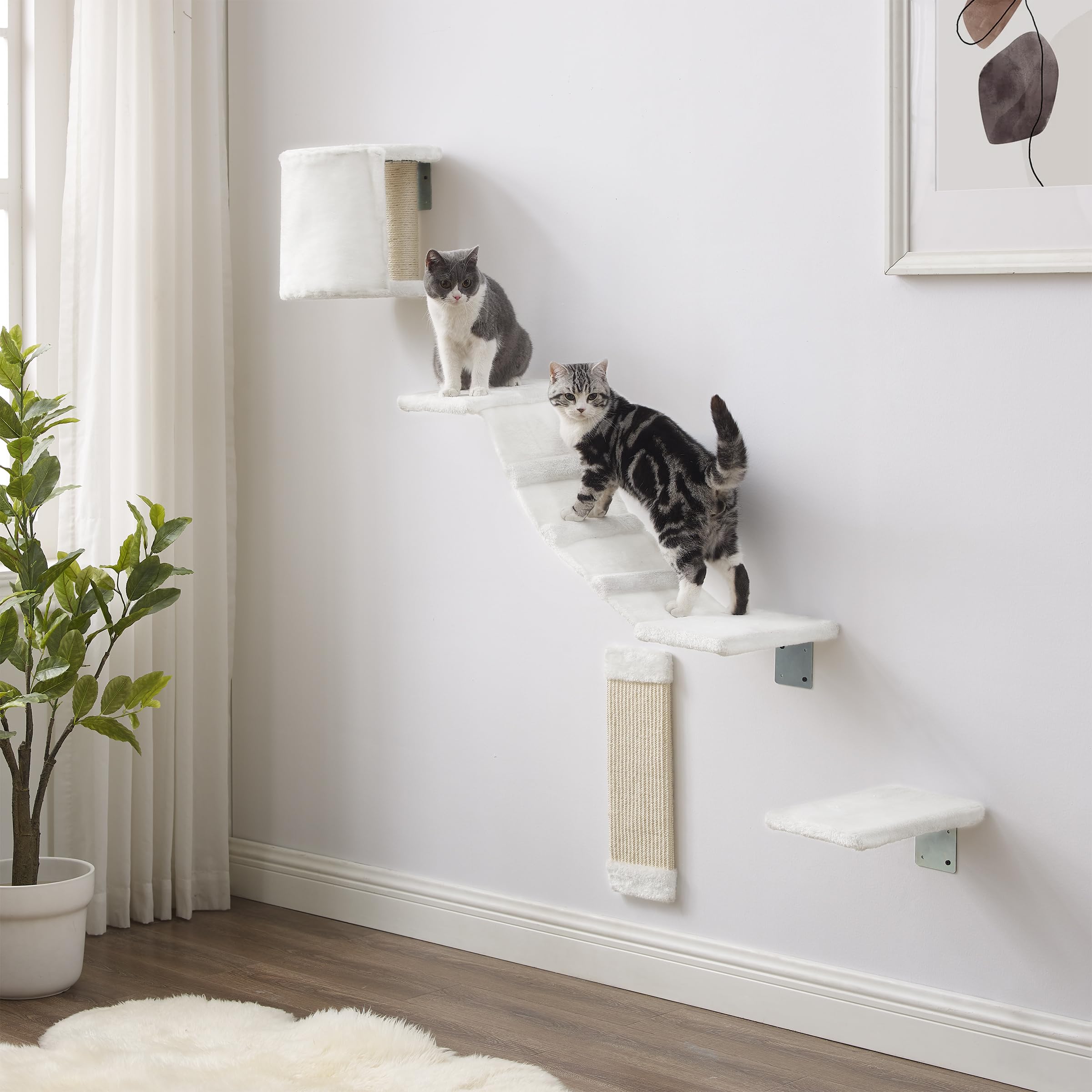 Sam's Pets Addison Wall Climber Cat Tree in Gray - Multilevel, Holds 3 Cats - Stylish Design - Ramps, Scratching Post - Strong Build - Soft Carpet - Fur Cushions - Cozy cat cave - Ropes Included.