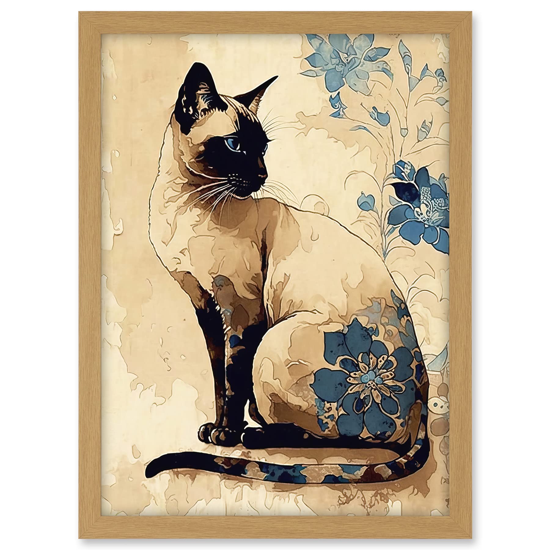 Artery8 Siamese Cat with Blue Flowers Watercolour and Ink Modern Illustration Artwork Framed A3 Wall Art Print