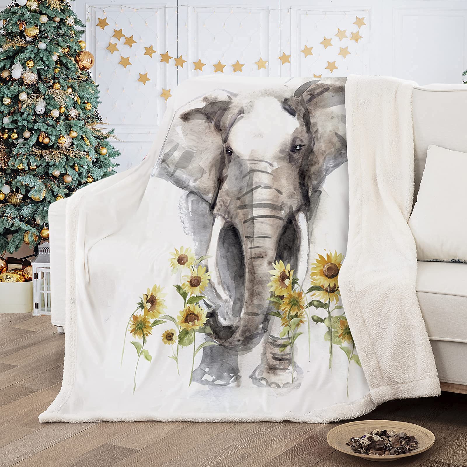 Elephant Sunflower Sherpa Fleece Throw Blanket, Elephant Gifts for Women Adults, Super Soft Elephant Blankets for Women Birthday, Warm Cozy Plush Bed Throws Blanket for Couch Sofa 60"x80"OEKO-TEX STANDARD 100