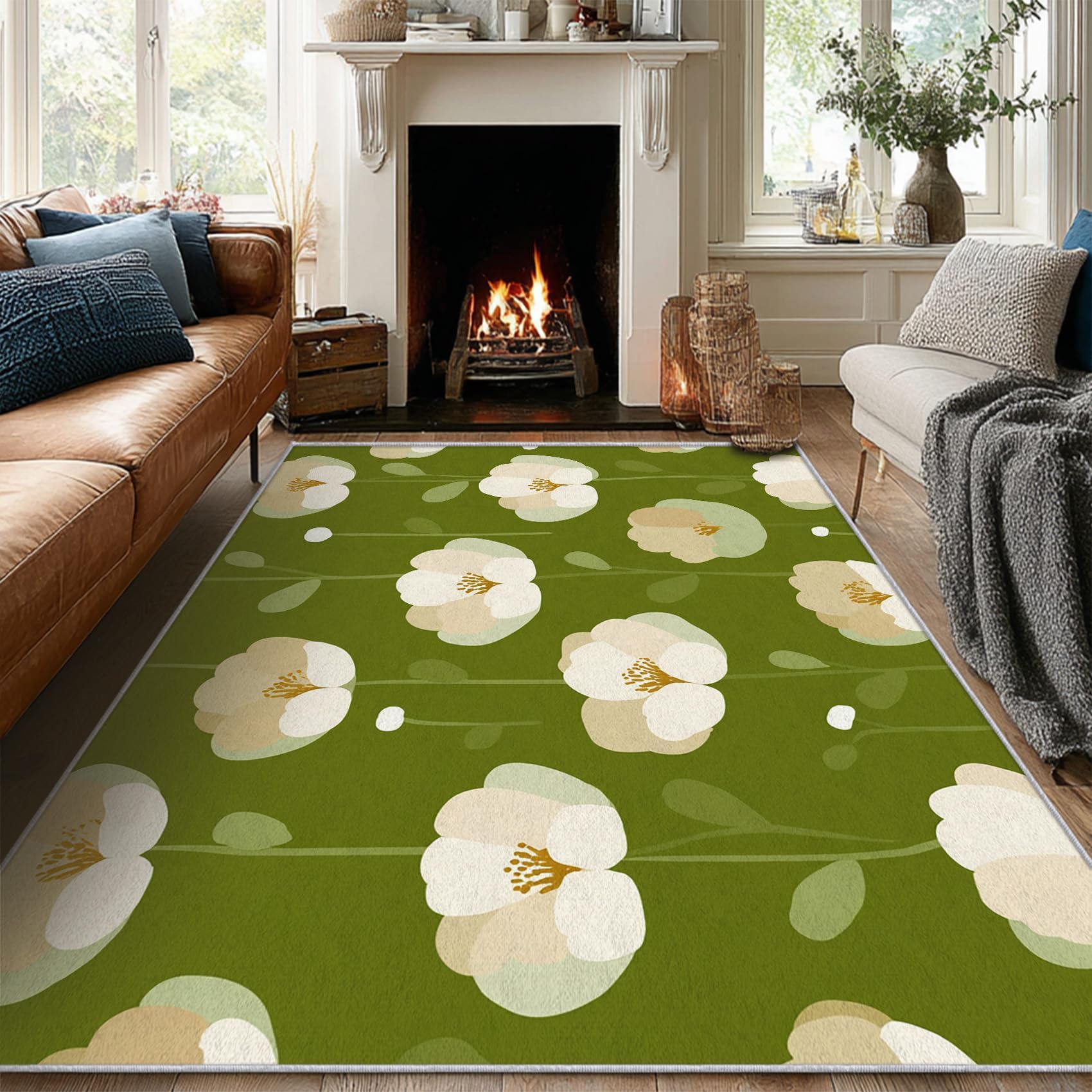Tapis motif floral moderne 90x180cm vert lavable en machine pour le salon