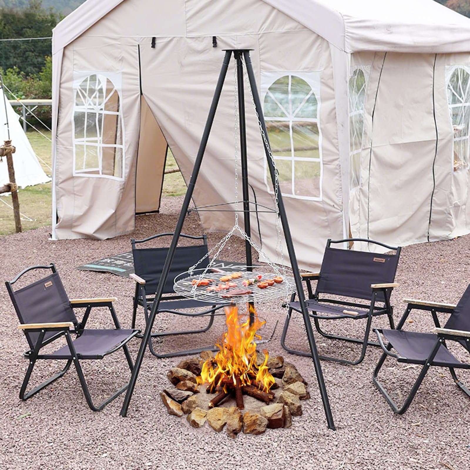 Grille de barbecue avec grille, espacement des barres, tourbillons de corde, trépied télescopique, support de barbecue, cuisson en plein air, kit de trépied pliable, feu de camp, grande surface de