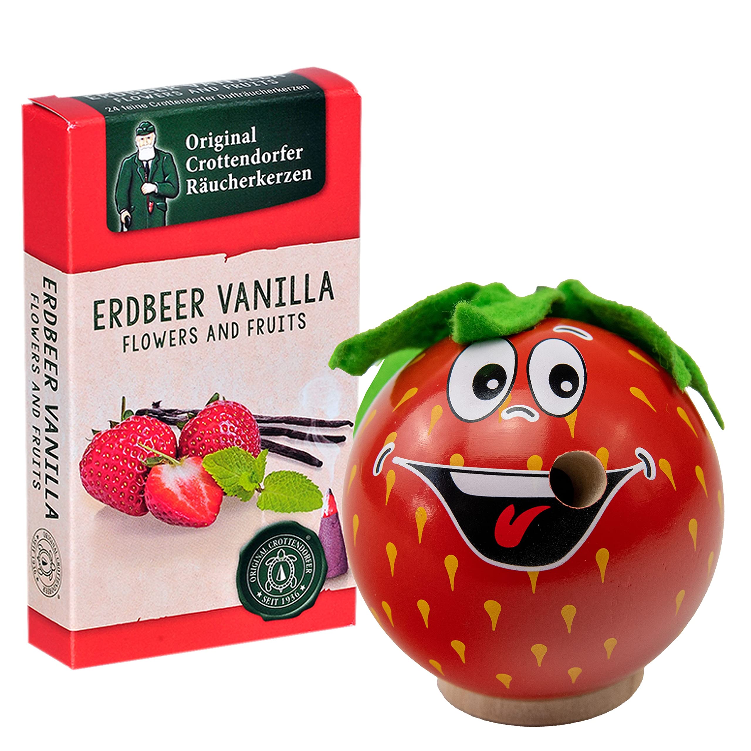 Seiffener Volkskunst | Räucherfigur aus dem Erzgebirge | Freche Früchtchen 7 cm inkl. Crottendorfer Räucherkerzen | Räuchermännchen Deko Figur | Original Erzgebirgische Volkskunst (Erdbeere)