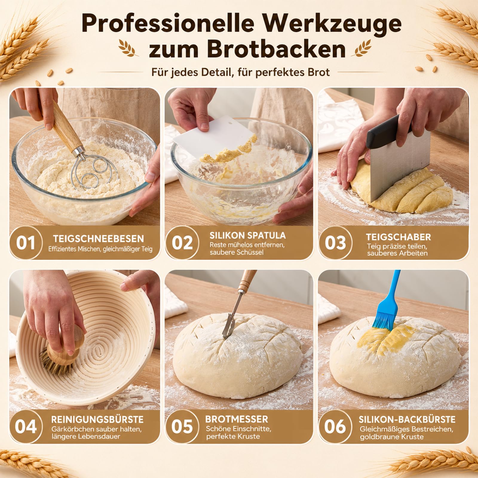 Sauerteig Starter Set 21-teilig – Gärkörbchen aus 100% Handgefertigtem Rattan, Silikonmatten 7mm, Baguettetuch 66x90cm, Gärglas 720ml – Brot Backen Zubehör für Anfänger und Profis