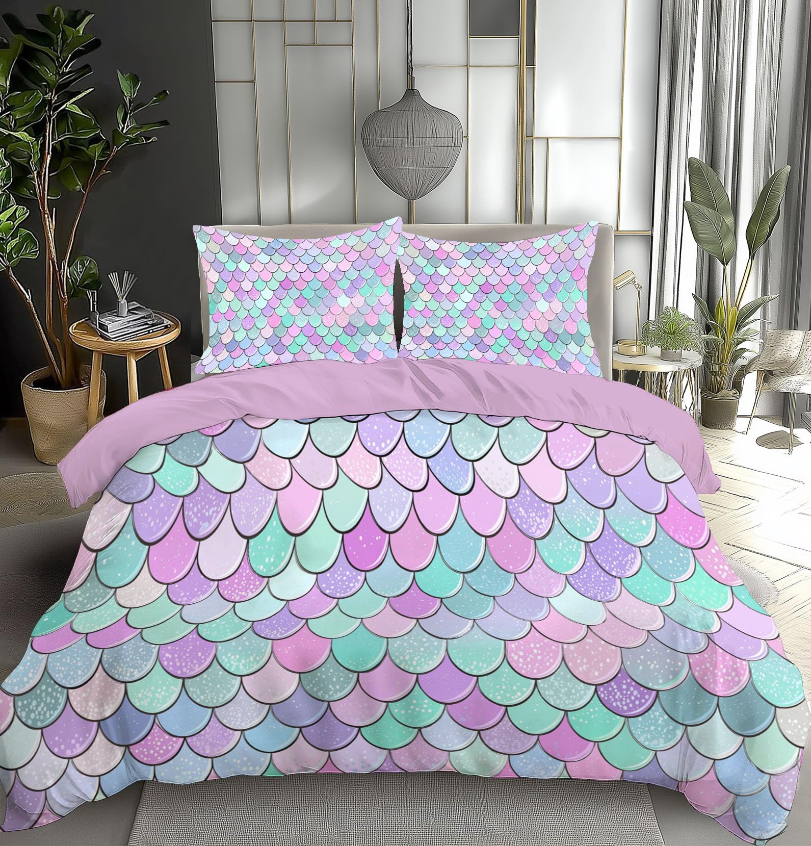 Parure de Lit 200x200 Écailles de Poisson Housse de Couette Fermeture Éclair Motif Coloré