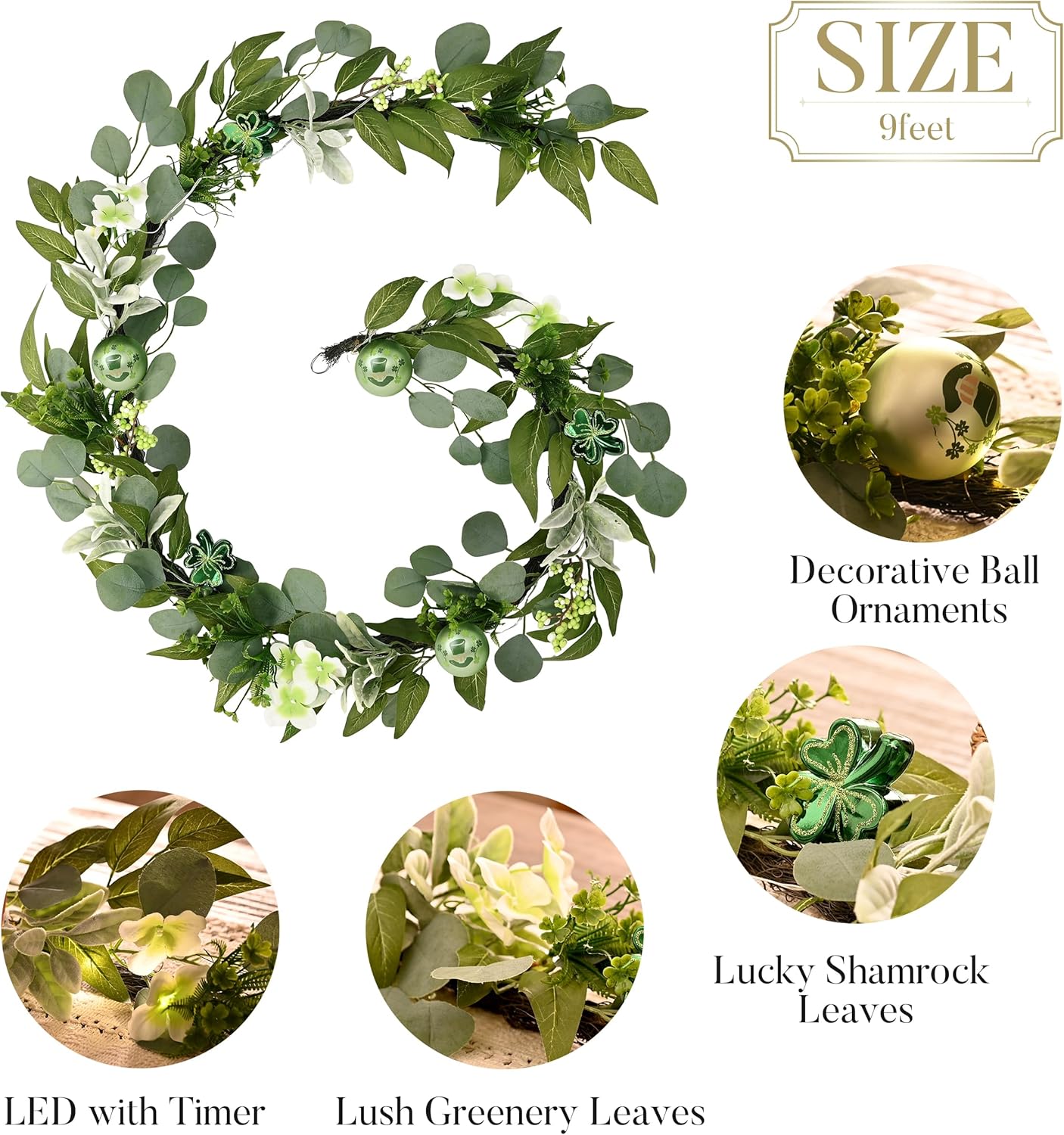 Valery Madelyn 6 Ft St Patrick's Day Garland Decorations with Lights, Artificial Spring Eucalyptus Garland for Mantle with Lucky Shamrock Clover Ornaments, Perfect Irish Festival Home Party Decor
