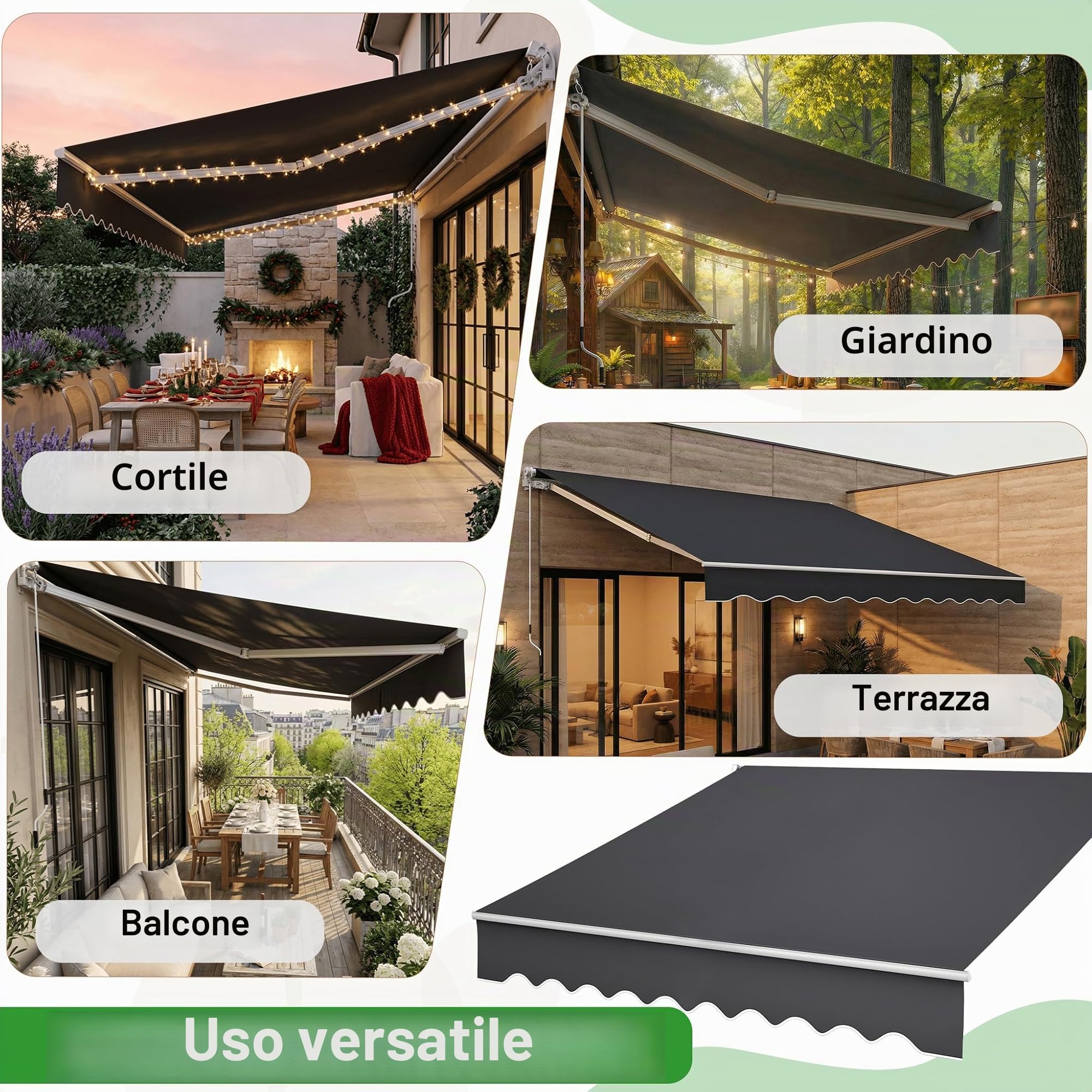 HENGMEI Tenda da sole per balcone, con braccio snodato, 360 x 300 cm, con manovella, protezione solare per cortili, balconi, grigio