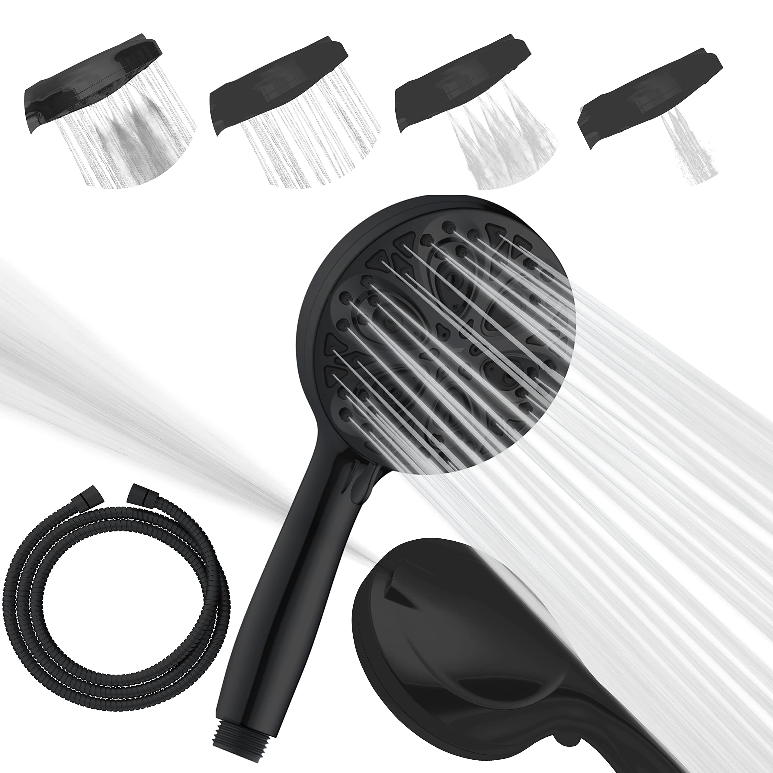 SparkPod Black Shower Head and Hose Set - High Pressure Showerhead with 10 Spray Settings - Luxury 5" Handheld High Power Shower Heads with High Pressure Jets - Matte Black (No Filter)