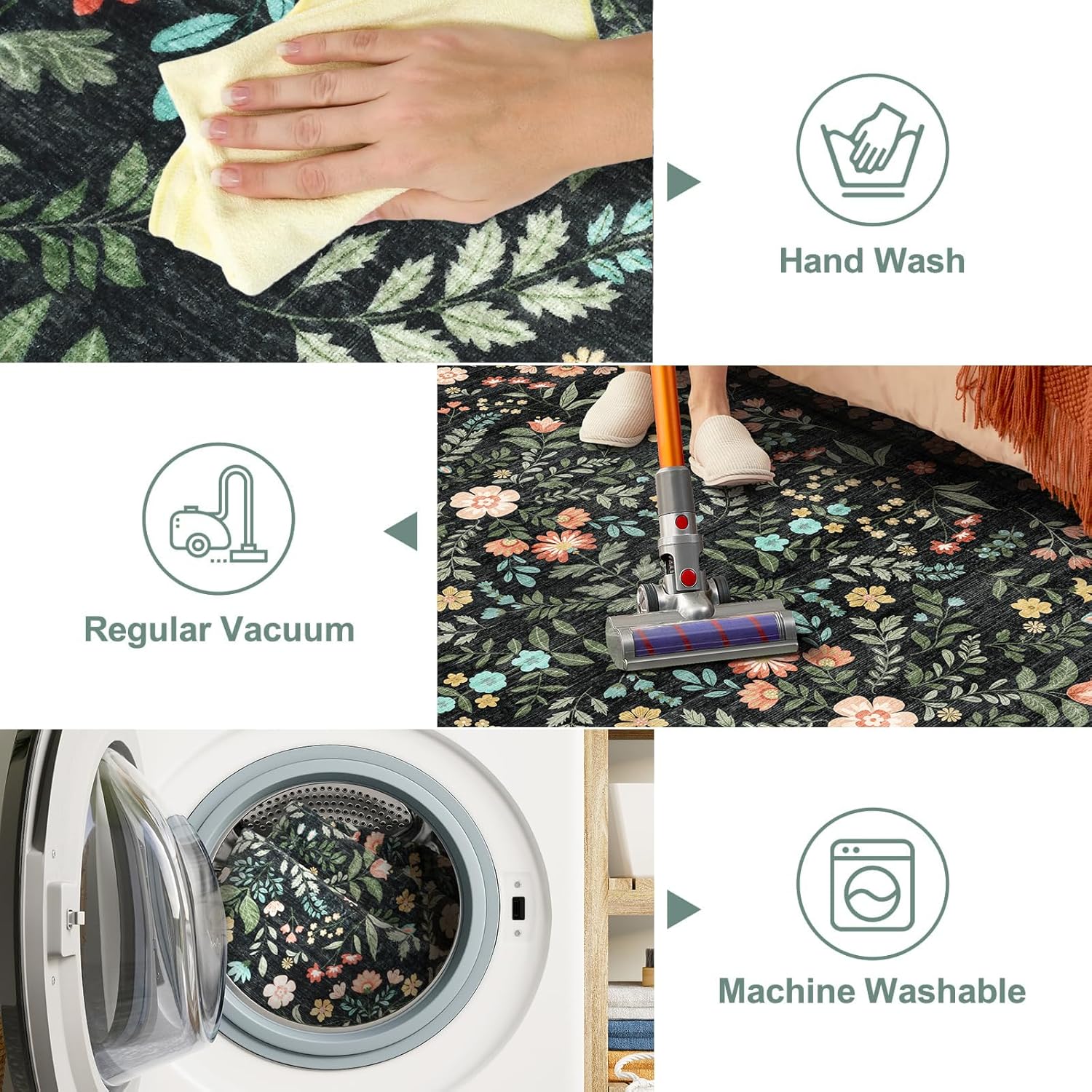 Floral Washable Rug, 5' x 8' Area Rugs for Bedroom Low Pile Faux-Wool Carpet - Ultra Soft, Non-Slip & Machine Washable Indoor Rug for Living Room, Dining Room, Nursery, Kids Playroom Black