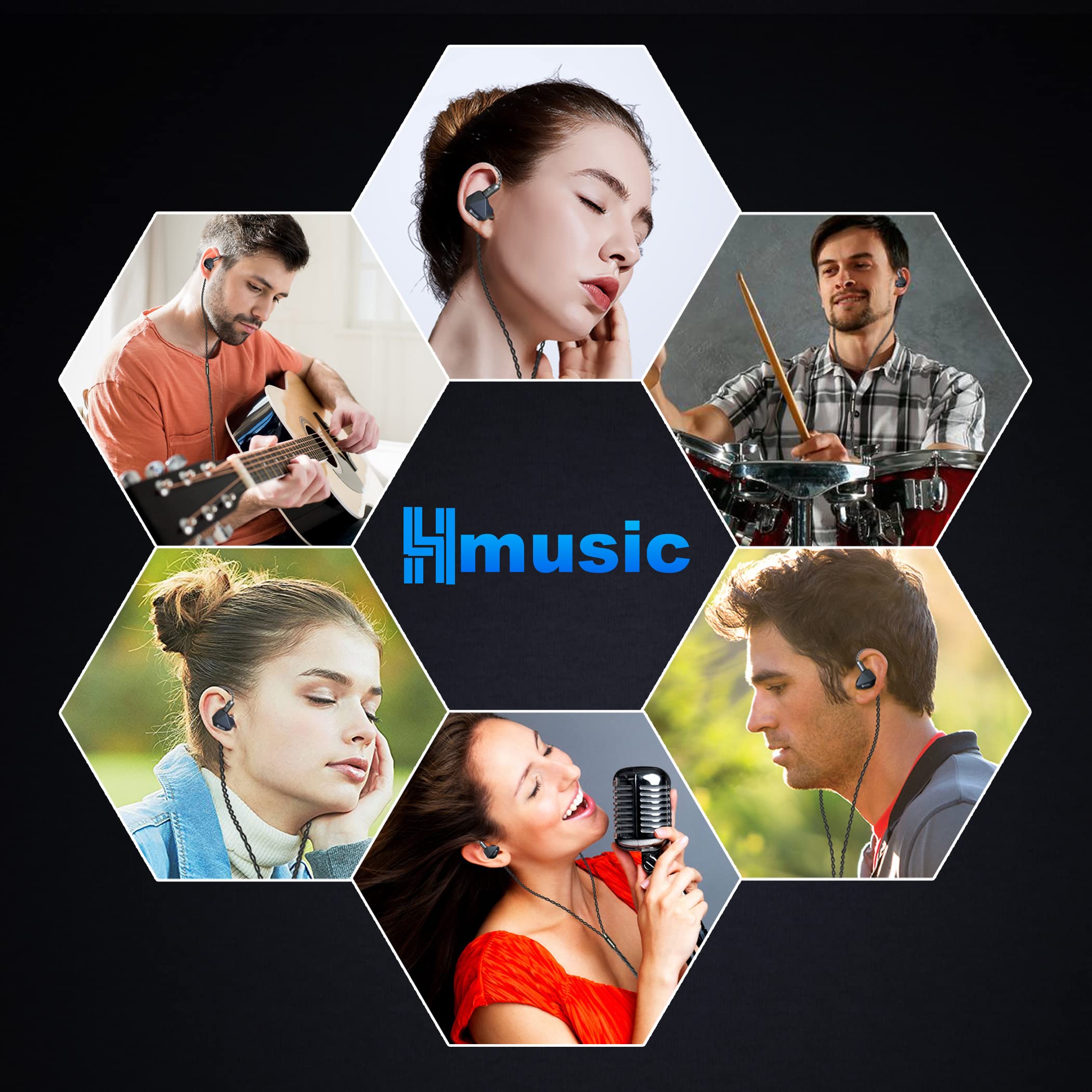 Hmusic Słuchawki IEM, Przew. Wkładki HiFi Stereo z Odczep. Kablem | Izol. Hałasu, Dualne Magn. Dynam. Przetworniki, Monitory Douszne HiFi Stereo dla Piosenkarzy, Muzyków (Bez Mik)