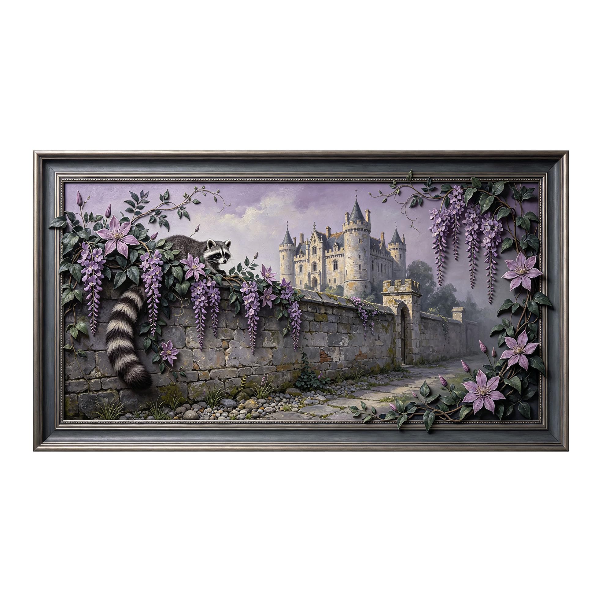 Yzpallescene 3D 3D Framed Wall Art 50cm×90cm European Castle Garden Wisteria Oil Painting Large Size SelfAdhesive Removable Wall Decor Prints Artwork for Living Room Bedroom Office
