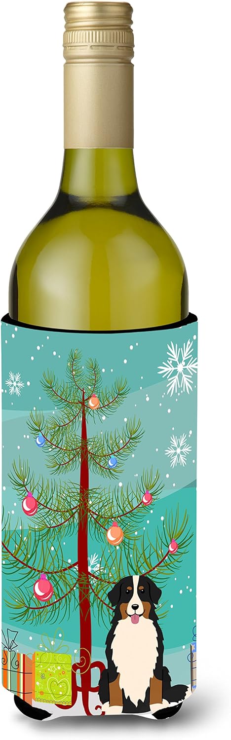 Caroline's Treasures BB4161LITERK Merry Christmas Tree Bernese Mountain Dog Wine Bottle Hugger Bottle Cooler Sleeve Hugger Machine Washable Collapsible Insulator Beverage Insulated Holder