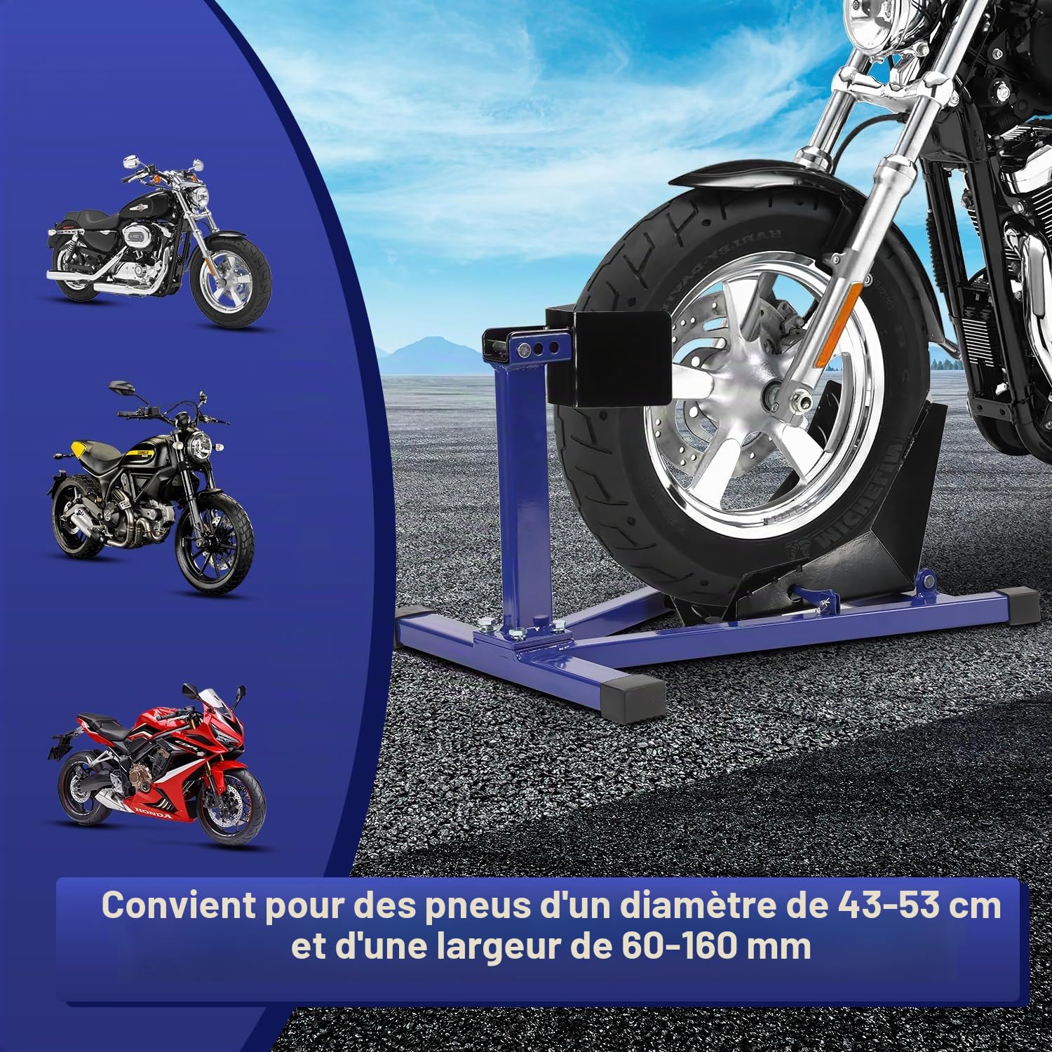 Support de montage, pince de roue avant de moto, support de moto, convient pour pneus de 17 à 21 pouces, rail d'aide au chargement, bleu, 1 pièce