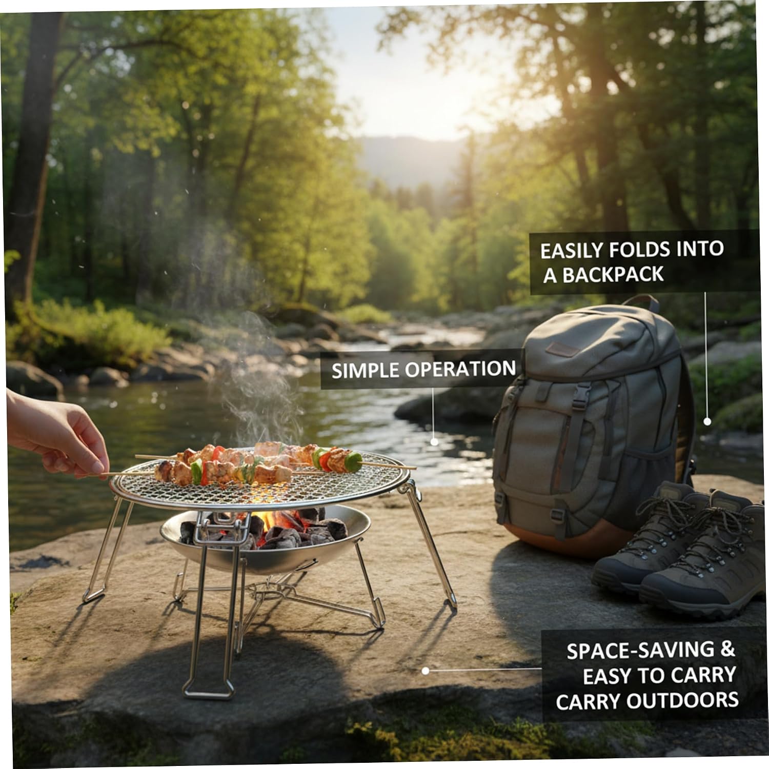 Small Propane Grill Portable Folding Camping Grill Grate - Stainless Steel Mini With Detachable Pan Compact Outdoor For Camping Hiking Picnic (13.38x13.38x6.89in Silver) – Includes Carry Bag