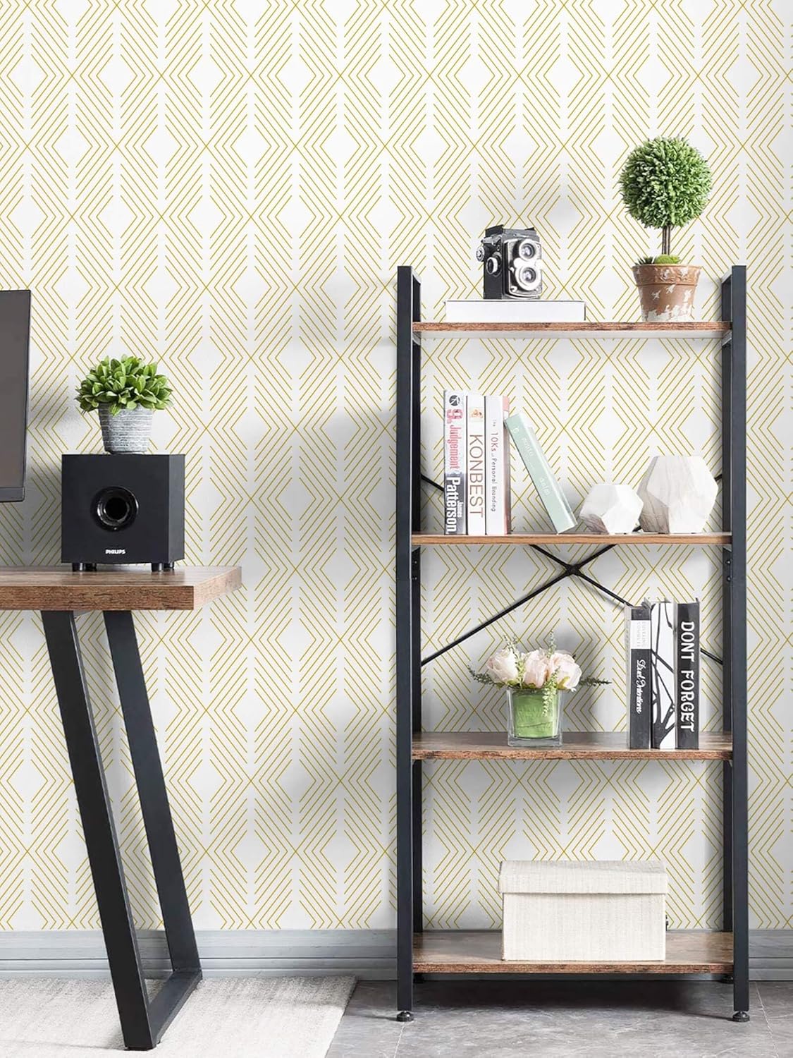 LiKiLiKi Peel and Stick Wallpaper Gold and White Contact Paper Geometric Modern Wall Paper for Nursery Room Bedroom Bathroom Cabinets and Drawers Vinyl Roll Self-Adhesive Waterproof 17.3” x 393”