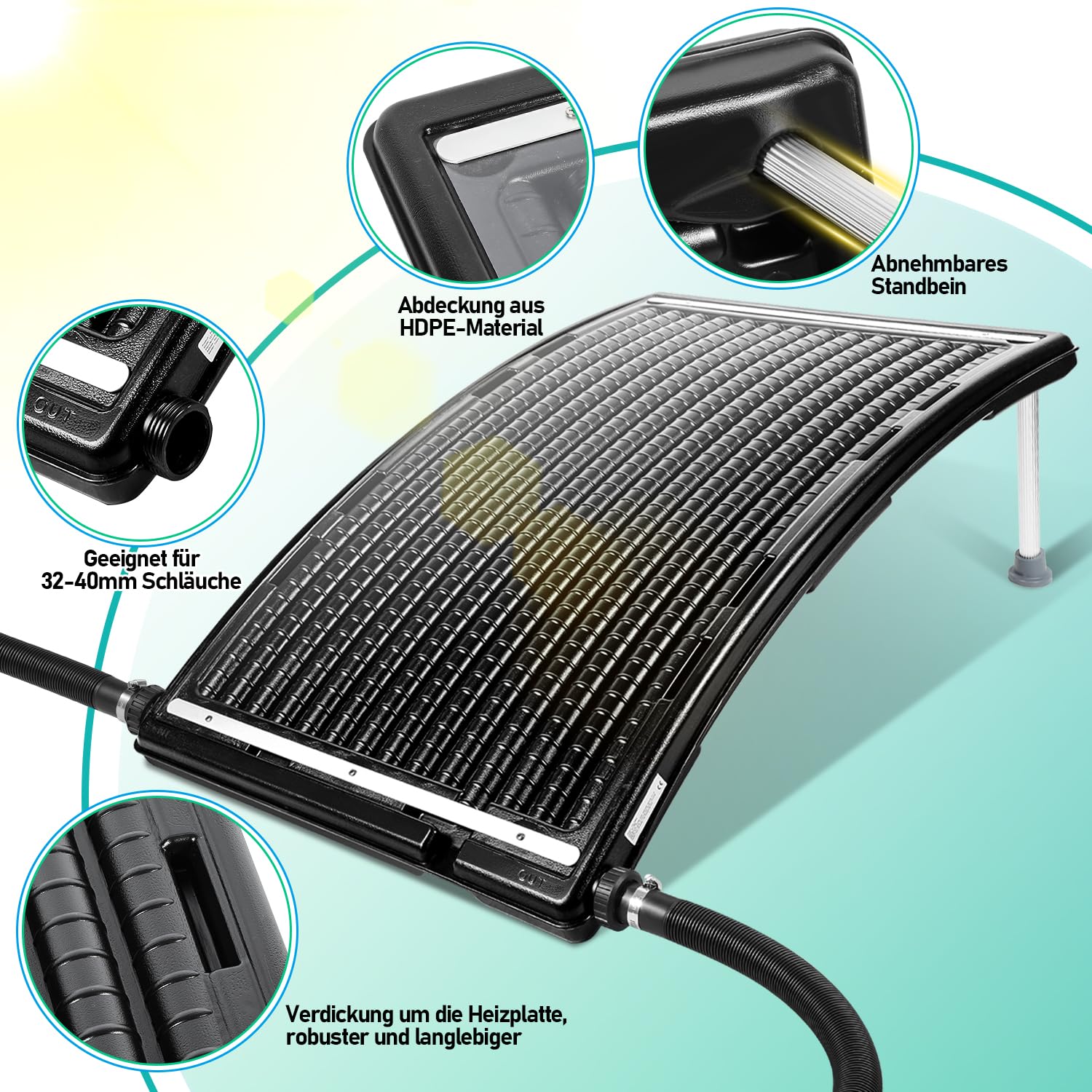 Riscaldamento solare per piscina, pannello solare, 110 x 69 x 14 cm, attacco Ø 38 mm, impianto solare per acqua calda, doccia da giardino, piscina, nero