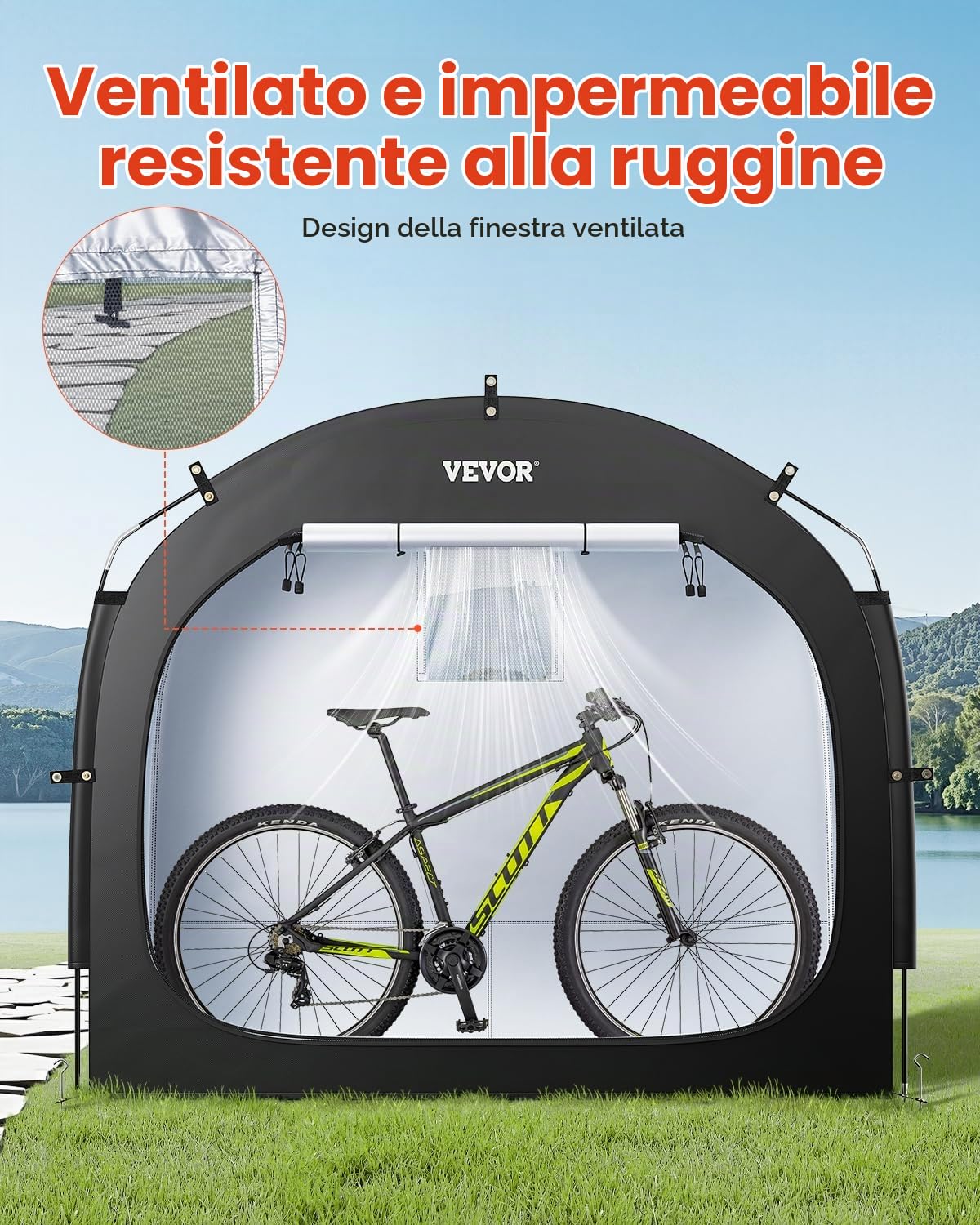 VEVOR Spaziosa Tenda per Riporre le Bici all'Aperto con Finestra Ventilata, Tenda Impermeabile Arco Superiore con Fibra di Vetro e Doppie Cerniere Nero da 3 a 4 Bici 2030 x 1220 x 1690 mm
