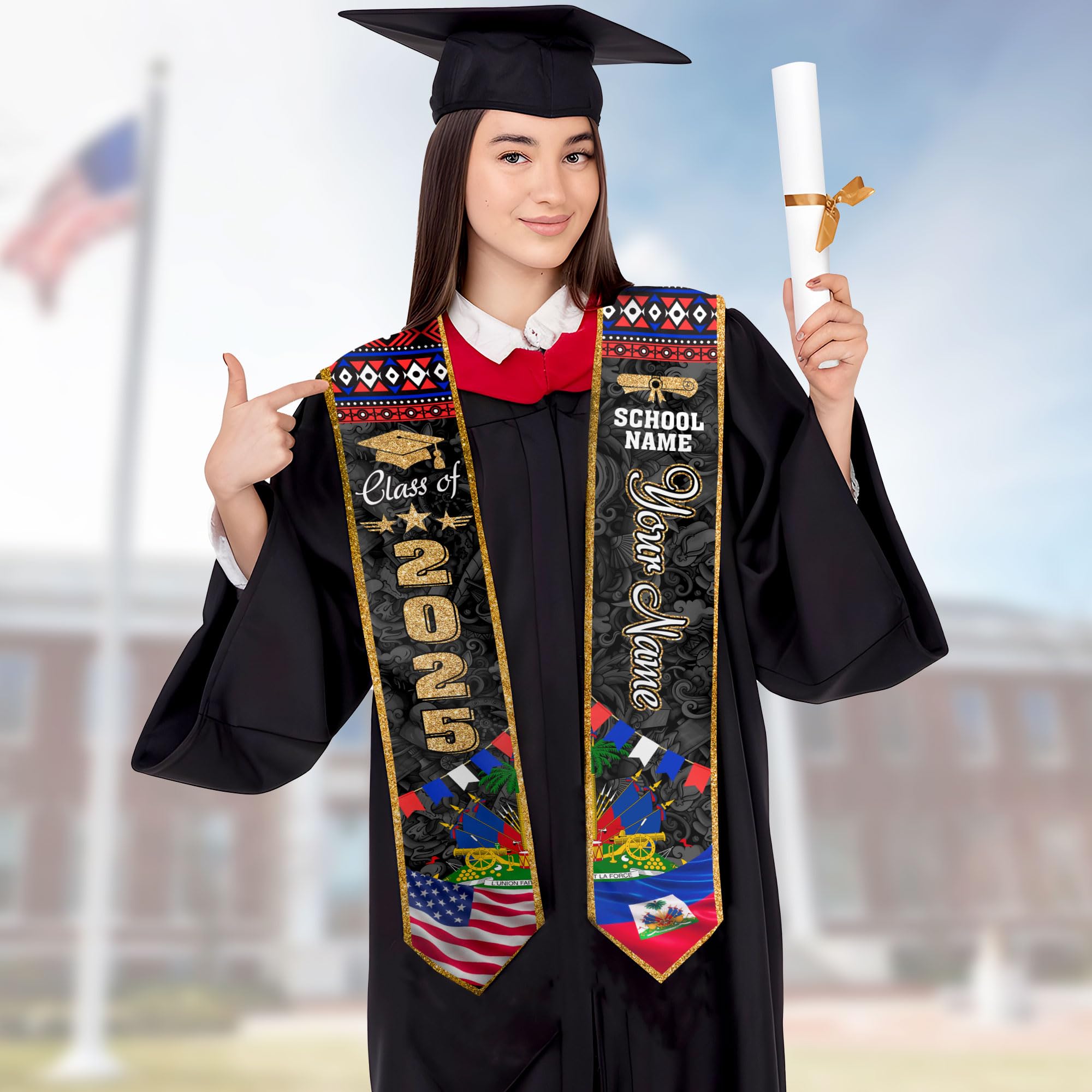 MonkeyVan Personalized Haiti Flag Graduation Stole 2025, Haitian Stoles Graduation 2025, Haitian American Flag Gradution Sash Haiti2