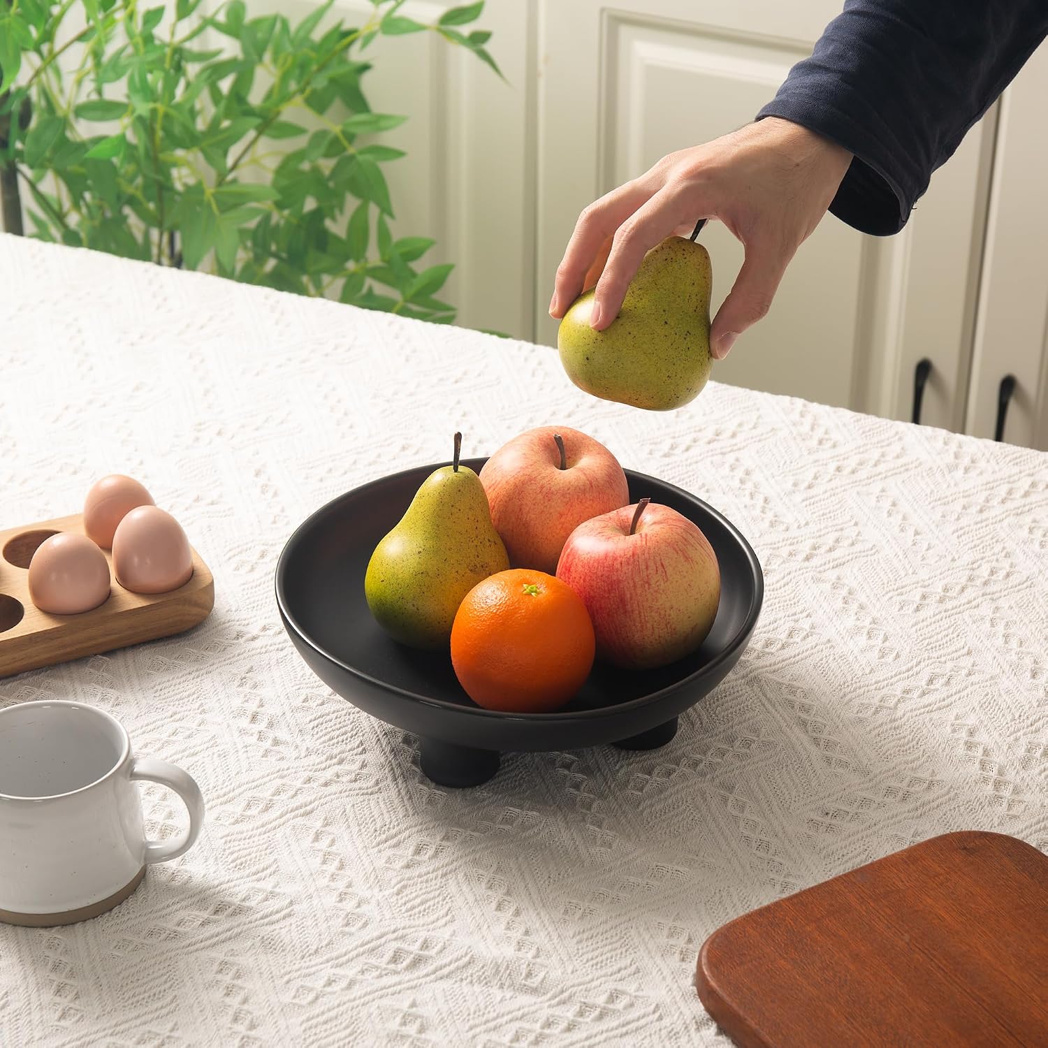Large Ceramic Fruit Bowl, 10" Fruit Basket for Kitchen Counter, Matte Black