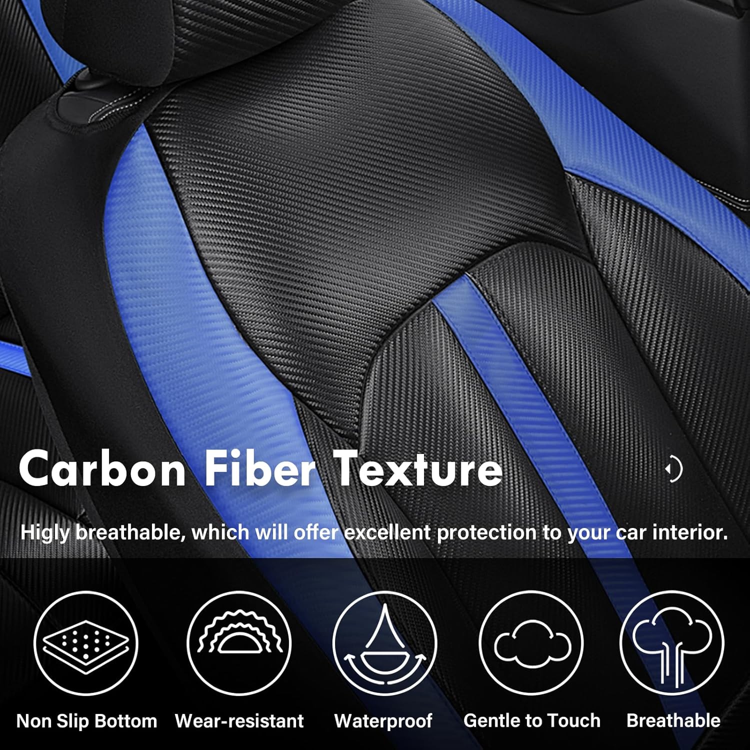 Coverado Leather Car Seat Covers Full Set & Carbon Fiber, Waterproof and Durable All Weather Protector, Universal Fit for SUV, Pickup Truck, Sedan, Automotive Vehicle Interior, Black&Blue