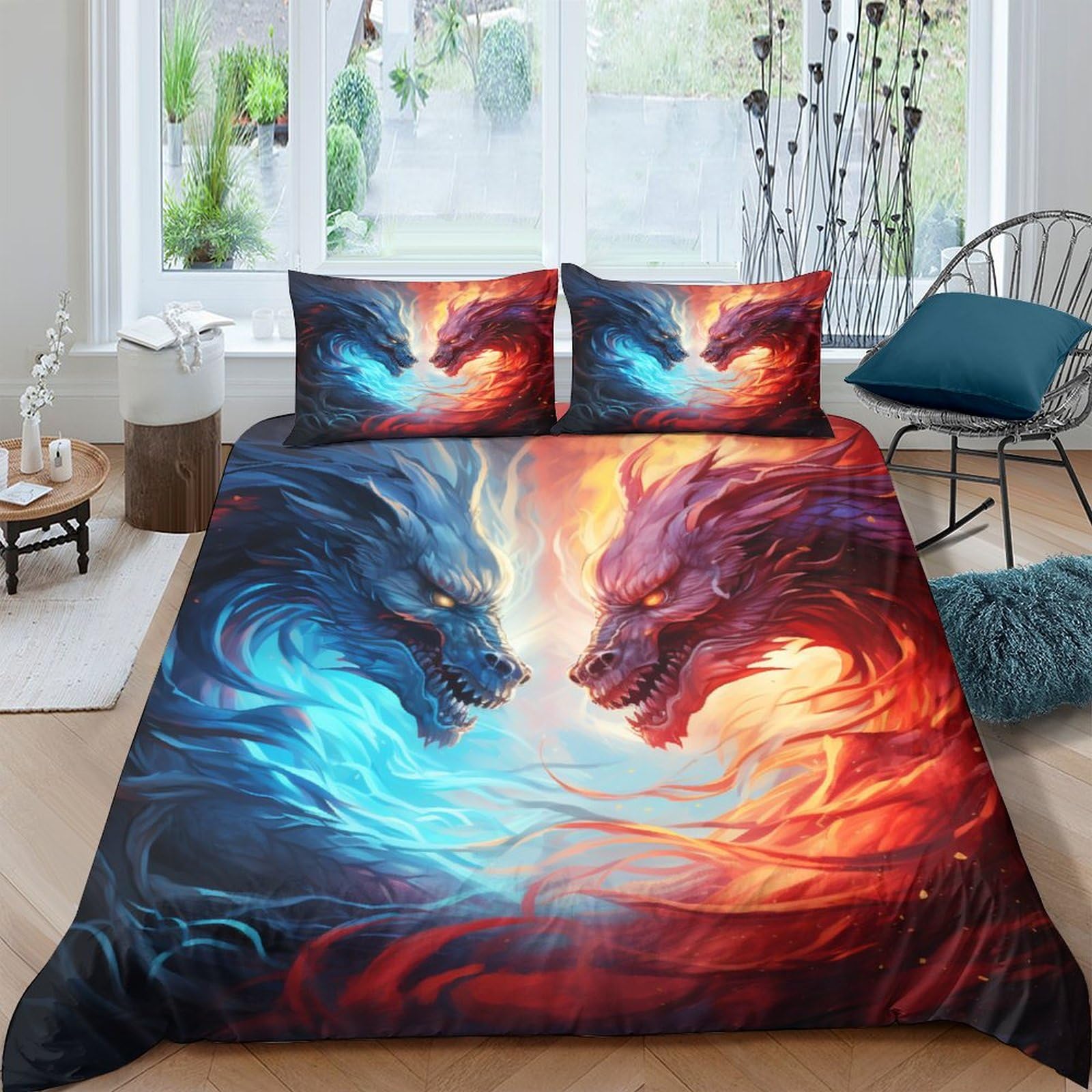 Housse de couette dragon de feu doux toucher microfibre lit double