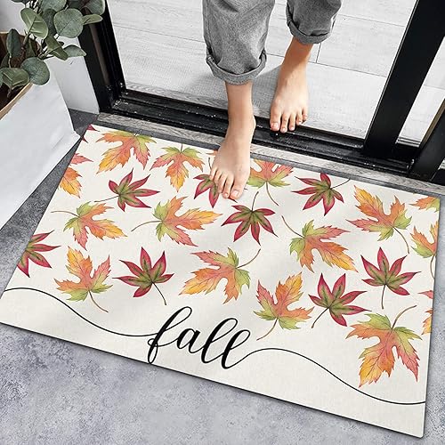 Welcome Doormat Maple Leaves Autumn Vintage Linen,Non Slip Indoor Floor Mat Bath Rug,Farm Plant Seamless Entrance Carpet for Bedroom Kitchen Living