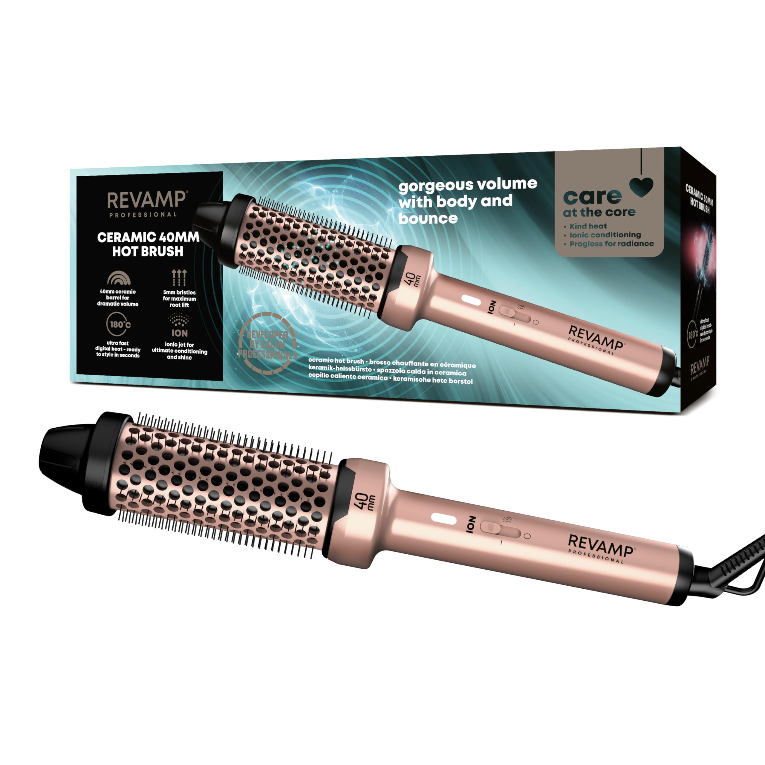 REVAMP Cepillo Calentador Cerámico 40 mm - Barril Redondo, Iónico | Aceites Progloss, Rebote, Rizos y Ondas, Calentamiento Rápido, Peinado sin Enganches