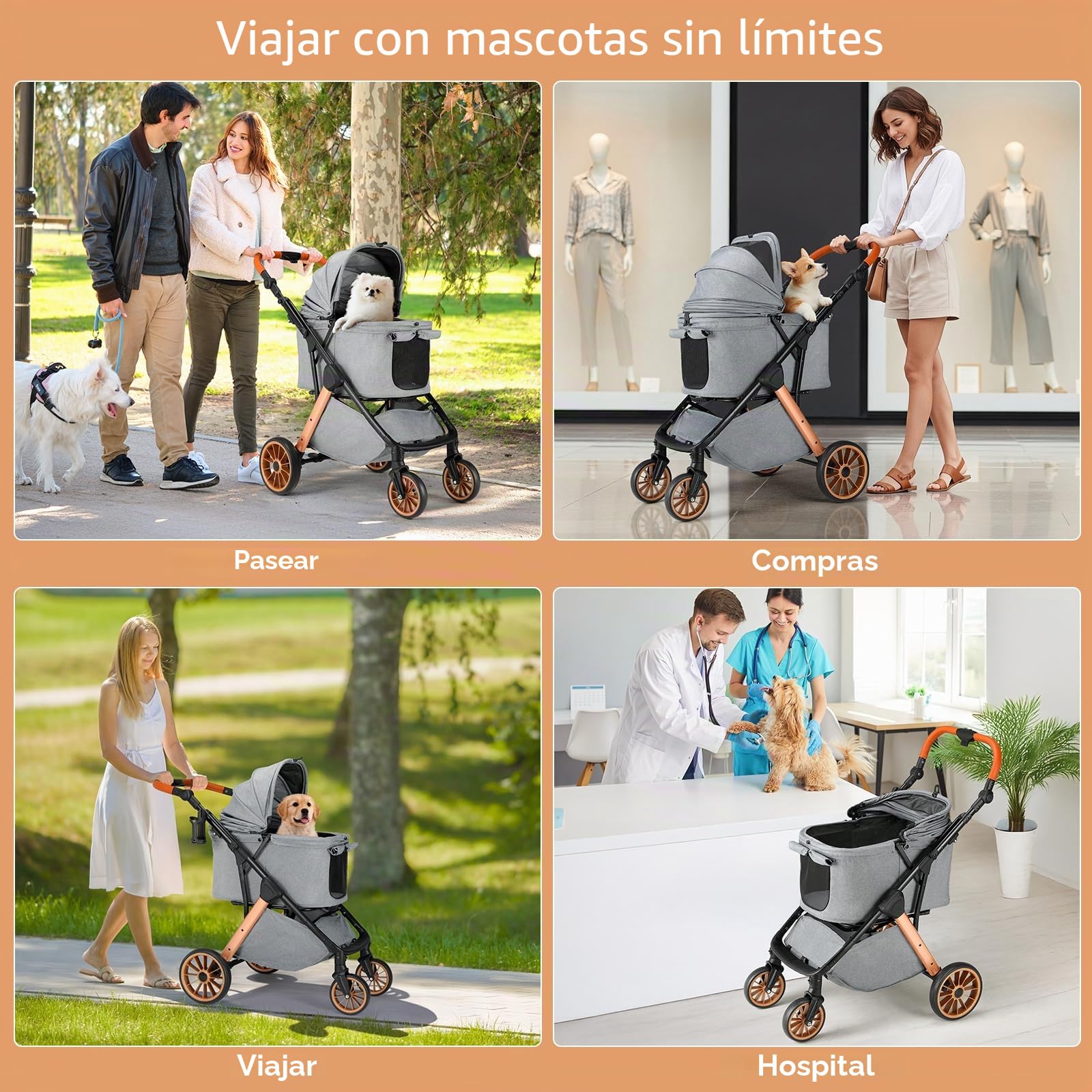 MAMIZO One-Touch Carro para Perros, Cochecito Plegable, hasta 25 kg, Estructura de aluminio y acero al carbono, Asa ajustable en altura, Portavasos, 4 PCS ruedas, para perros y gatos (Gris oscuro)