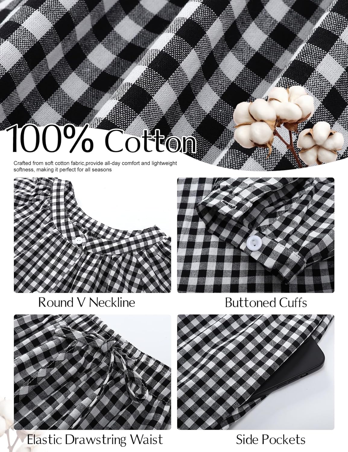 COZYPOIN Womens Plaid 2 Piece Pajamas Sets Cotton Gingham Puff Long Sleeve Cute Shirt Ruffle Pants Y2K Pjs Lounge Set - Image 6