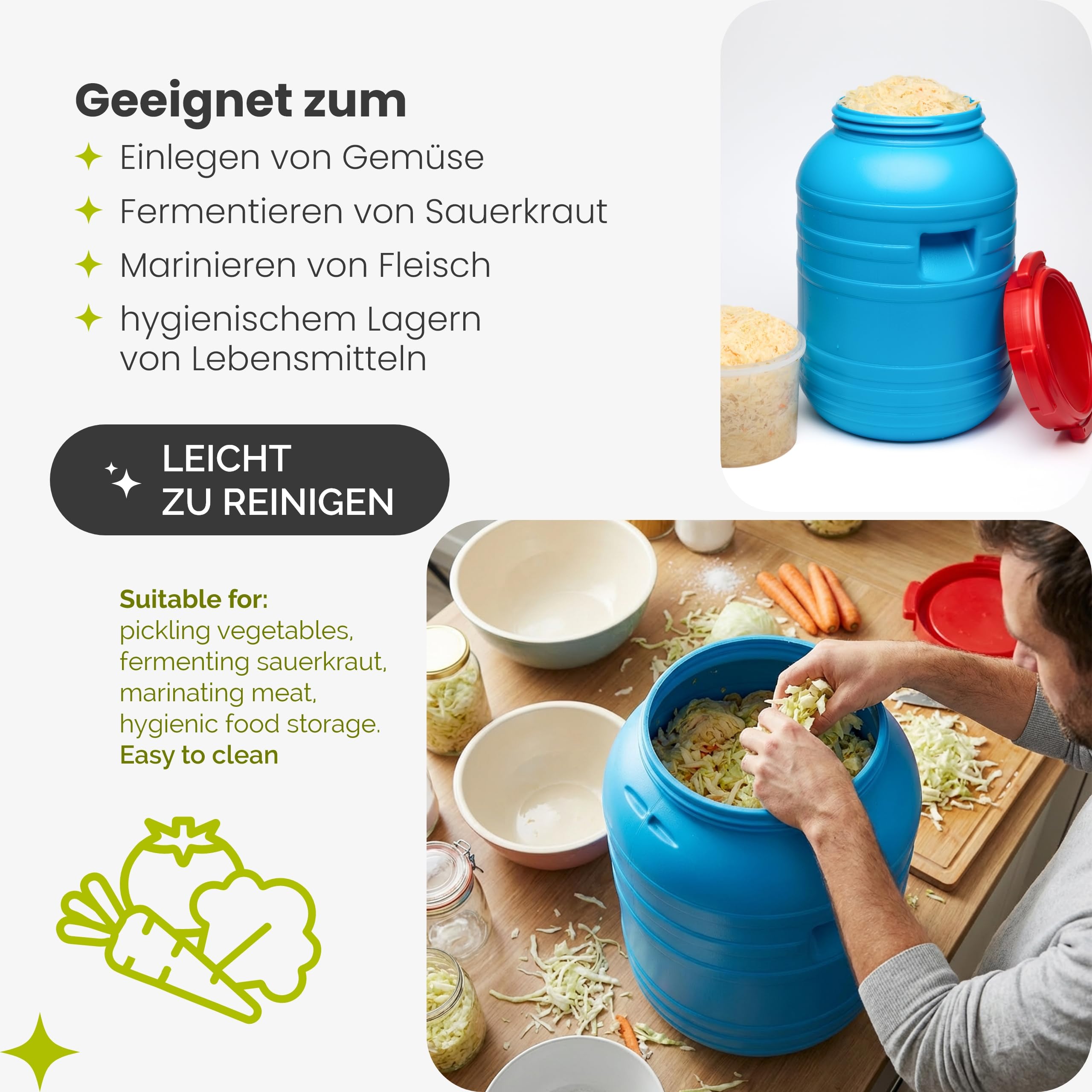 Garronda 30L 2-er Pack Plastikfass Lebensmittelfass aus HDPE-Kunststoff Regentonne Kunststofffass Universalfass Deckelfass Lebensmittelecht Wasserfass Regentonne Lagerfass Stabile Griffmulden GD-0055