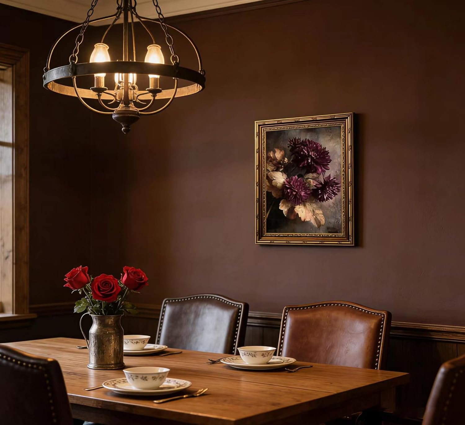 Vintage Gold Framed Moody Flowers Wall Art Dark Rustic Wildflowers Painting Canvas Prints Burgundy Abstract Floral Botanical Still Life Picture Poster Farmhouse Maroon Scenery Artwork for Living Room