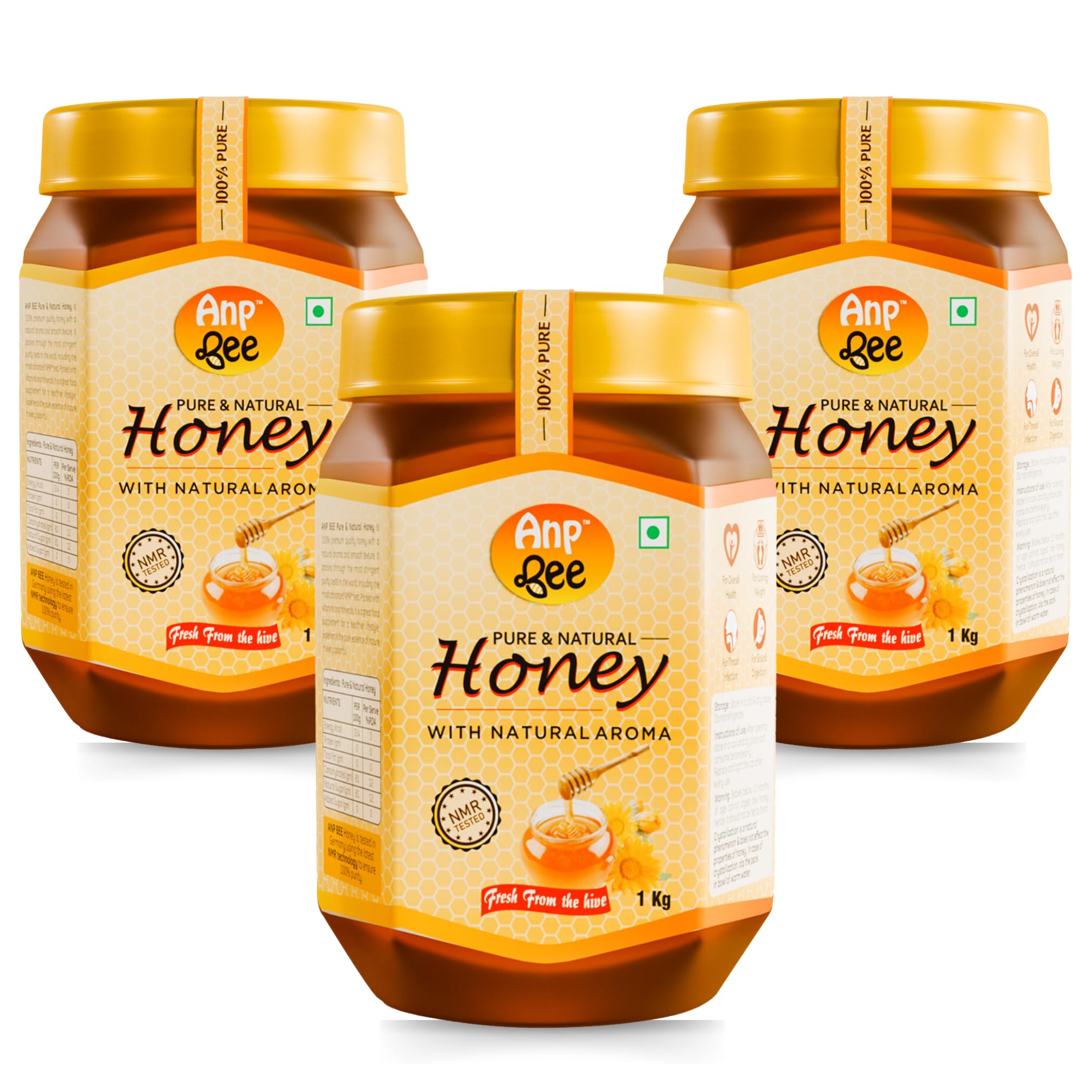 ANP BEE Natural Raw Honey 3Kg (1kg x 3 Pcs) Family Pack I 100% Pure, NMR Tested, Unprocessed, Unfiltered Original Honey I Pure & Sugar-Free I Supports Weight Management I Plastic Jar I Pack of 3