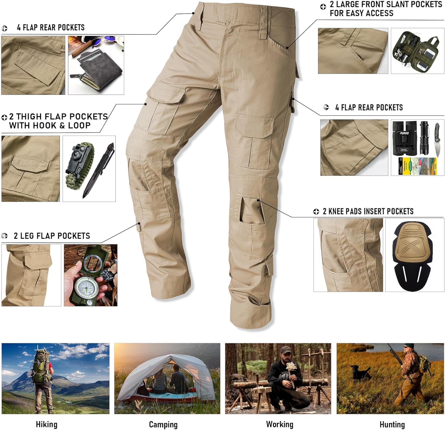 Tactical Camo Cargo Pants for Men - Outdoor Hiking Ripstop Work Pants with Multi Pockets - No Belt, No Kneepad