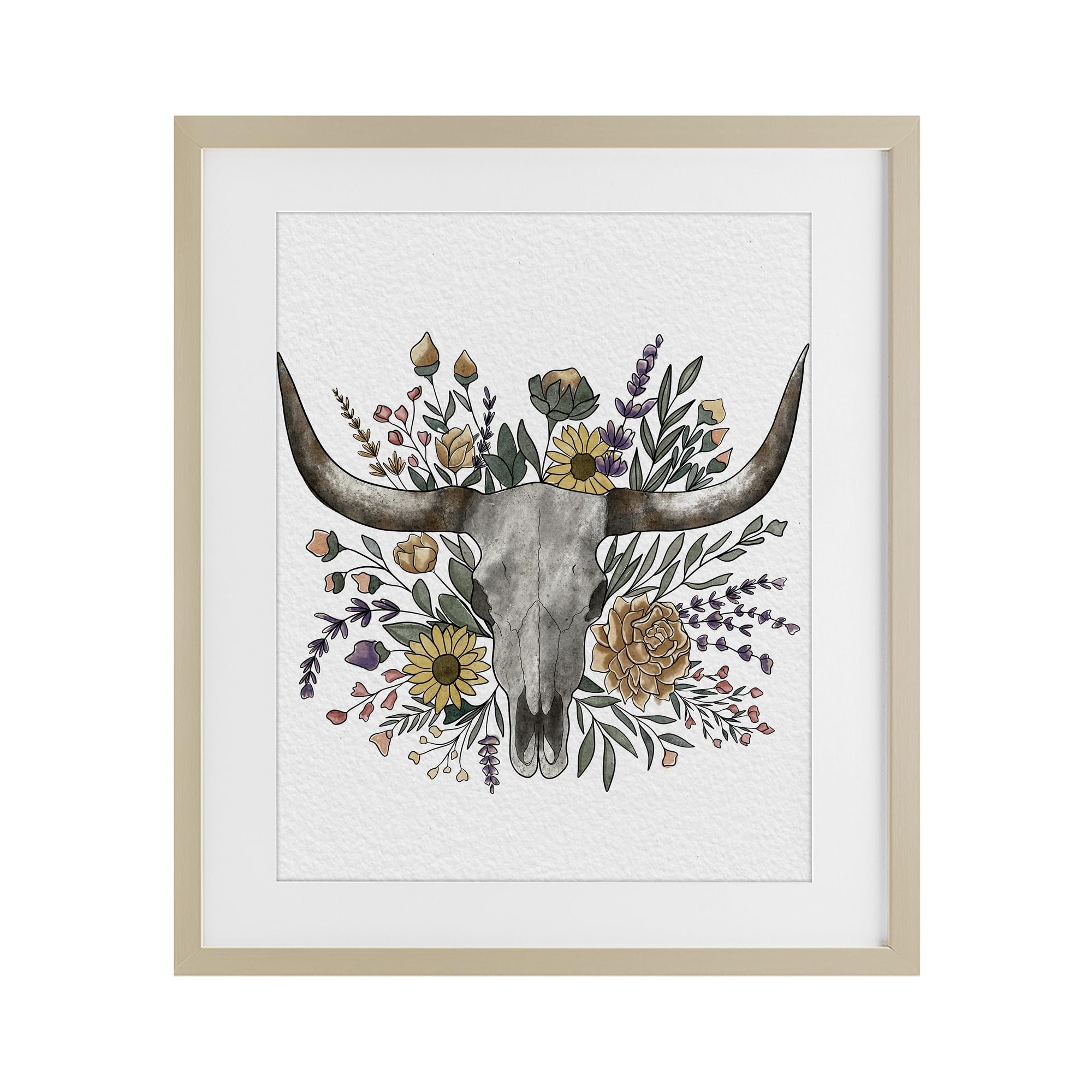Stupell Industries Harvest Pine (Textured) 'Boho Wildflower Longhorn'| Framed Print Under Glass
