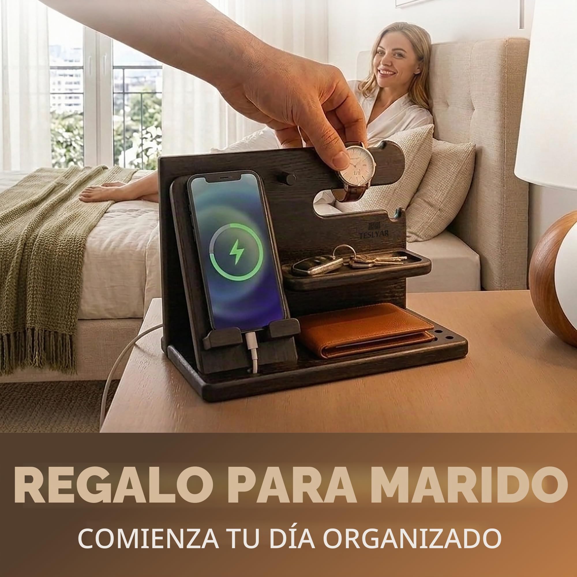 TESLYAR Soporte de Carga para teléfonos móviles con Gancho Llaves Carteras y Relojes Hombres Seres Queridos ya Sea por su Aniversariodía Festivo Regalo Padre Dia del Padre Regalos (Marrón)