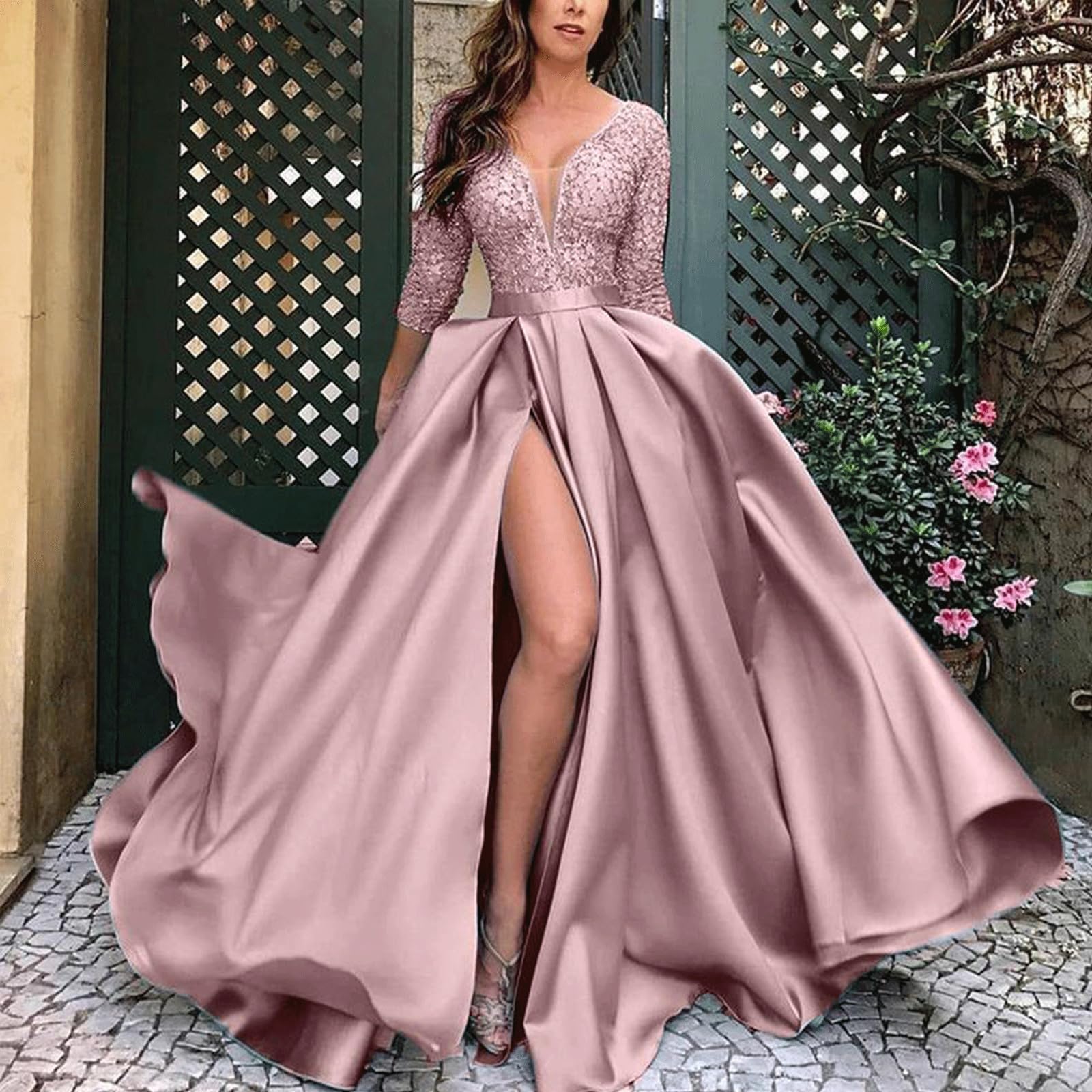FGRID Vestido de Fiesta de Manga Larga con Cuello en V para Mujer, Elegante Vestido de Fiesta de Raso hasta el Muslo, Vestido de Fiesta Formal de Dama de Honor de Boda