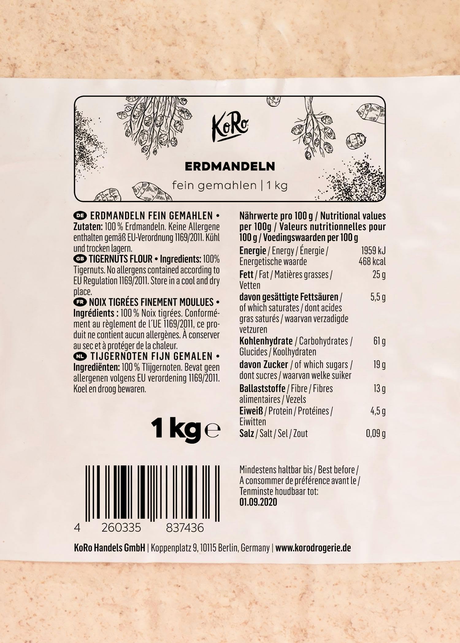 KoRo - Farina di chufa 1 kg - Zigoli non tostati e sgusciati, naturali e senza additivi, senza allergeni e senza glutine.
