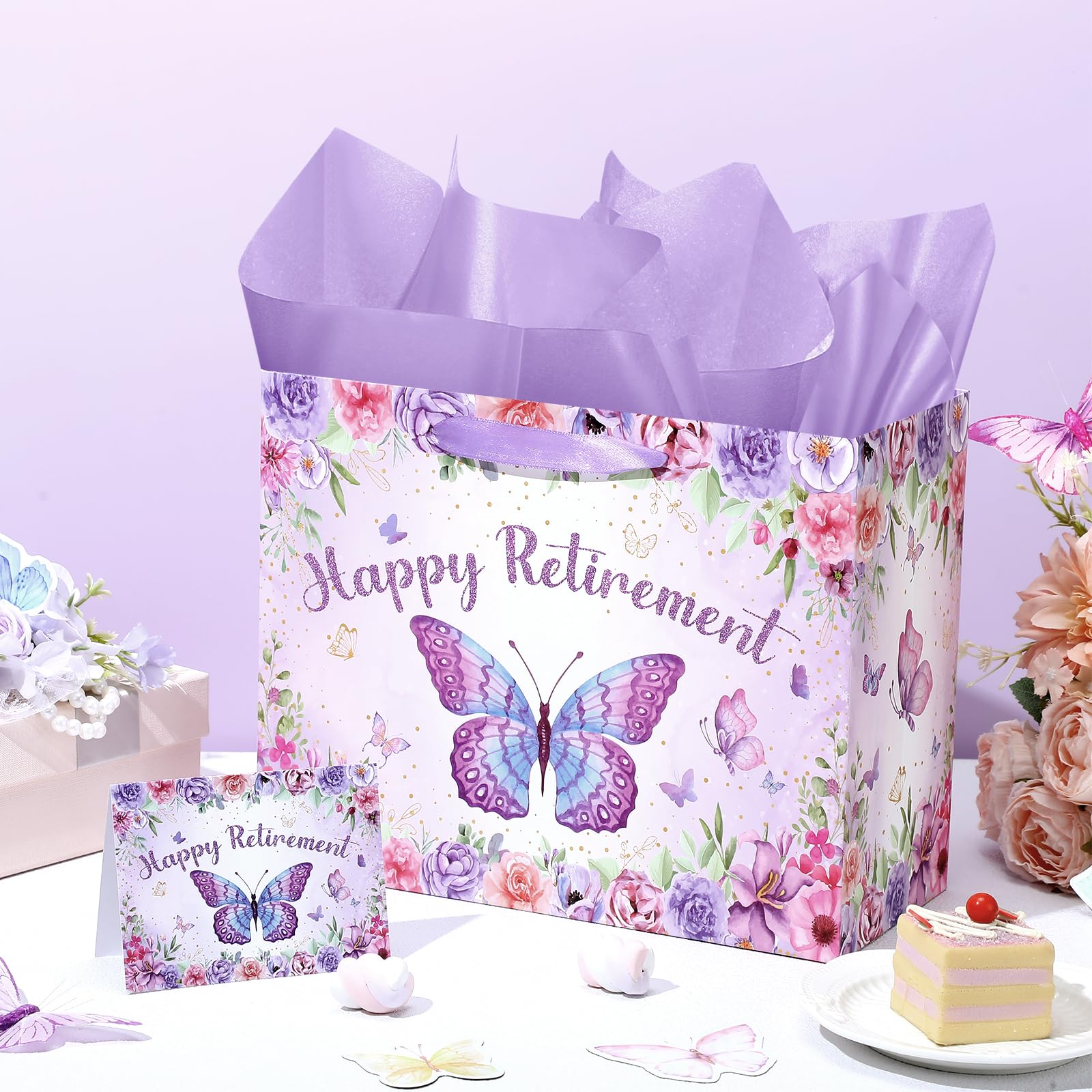 Purple Retirement Gift Bag for Women Butterfly Retirement Wrapping Paper Bag with Tissue Paper and Card Retired Gifts for Women Purple Retired Decorations Supplies for Going Away Farewell Party