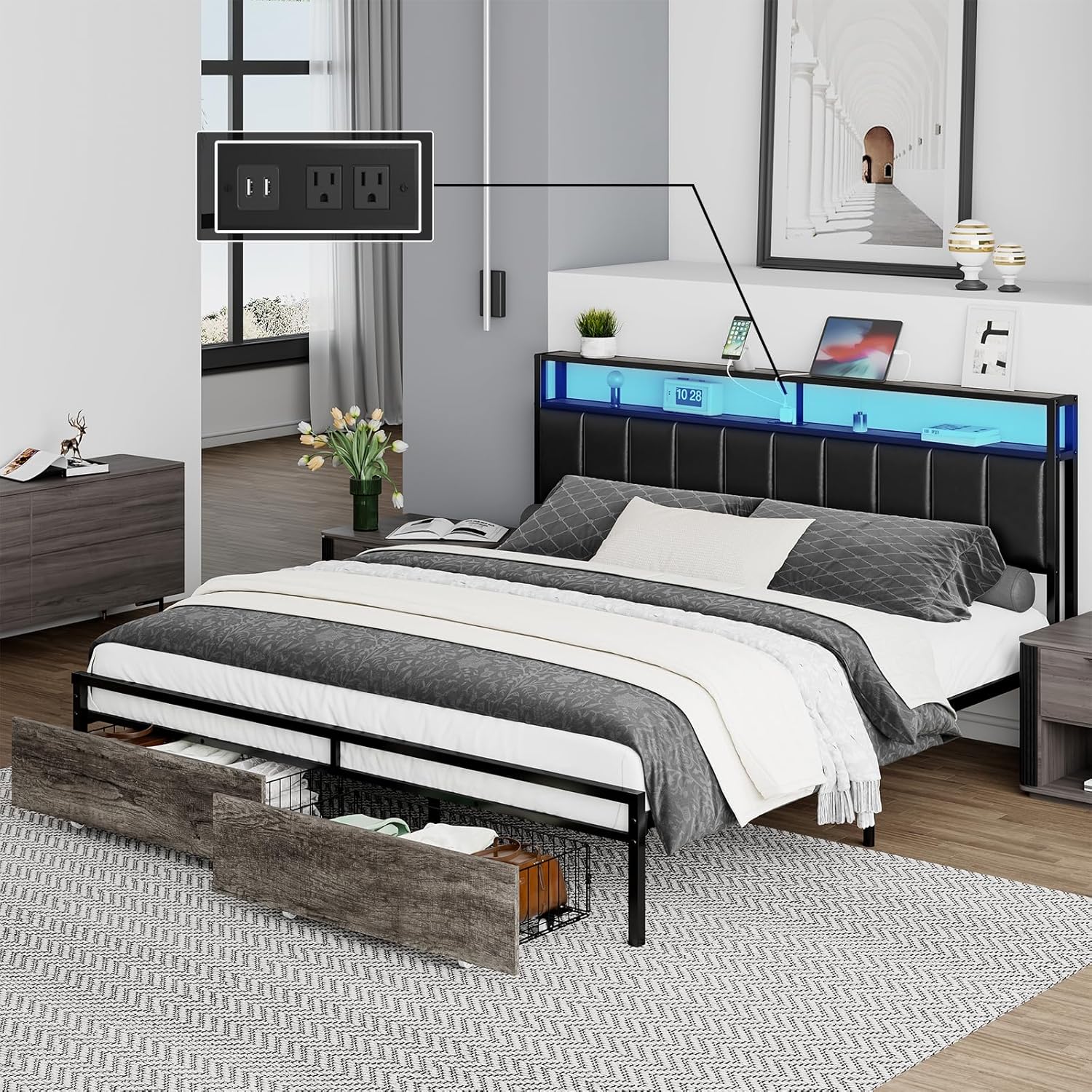 Amazon.com: LUXOAK King Bed Frame with 2 Storage Drawers, 2-Tier ...